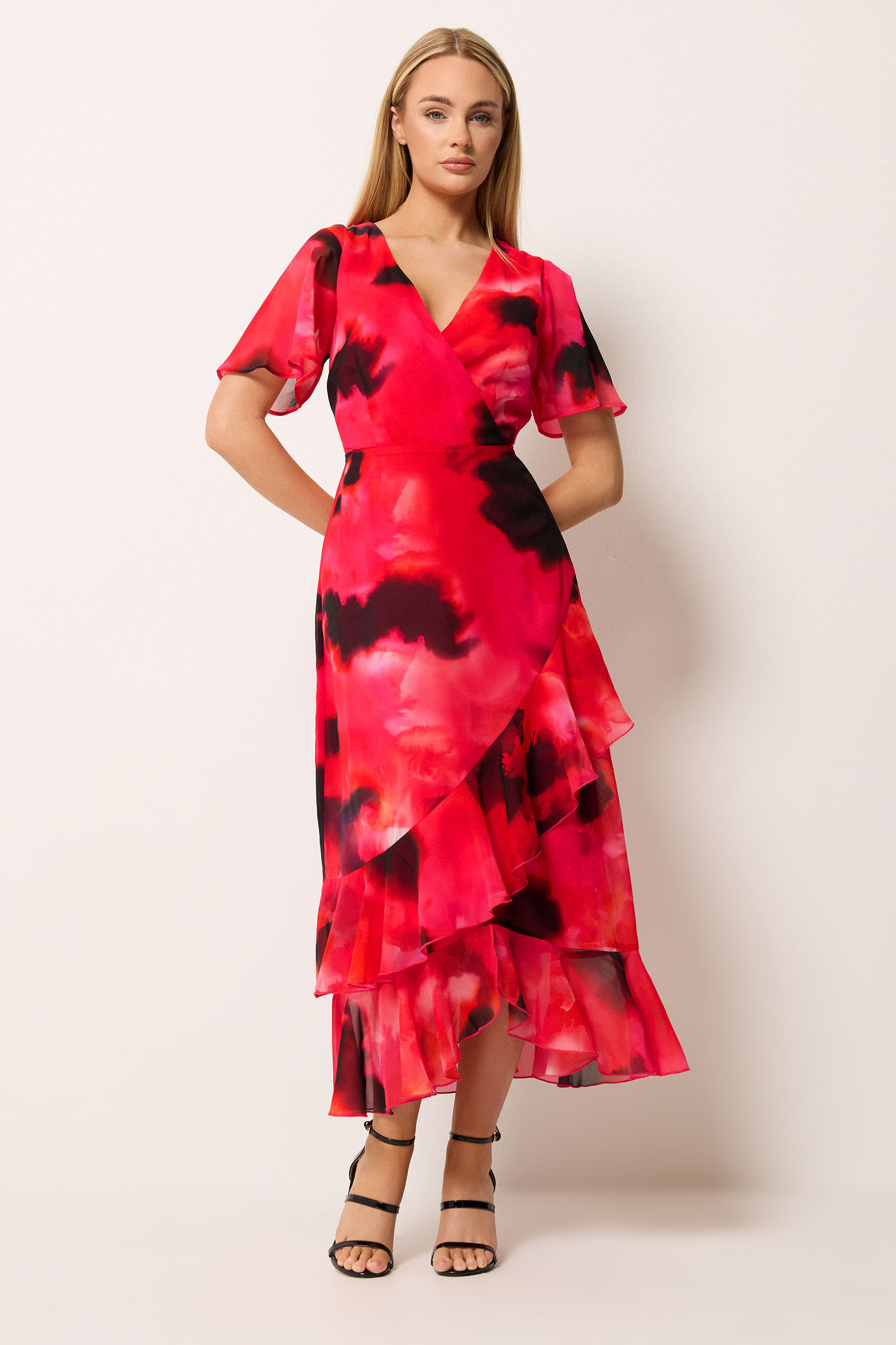 STAR Red Blurred Floral Tiered Wrap Dress | StarByJM 1