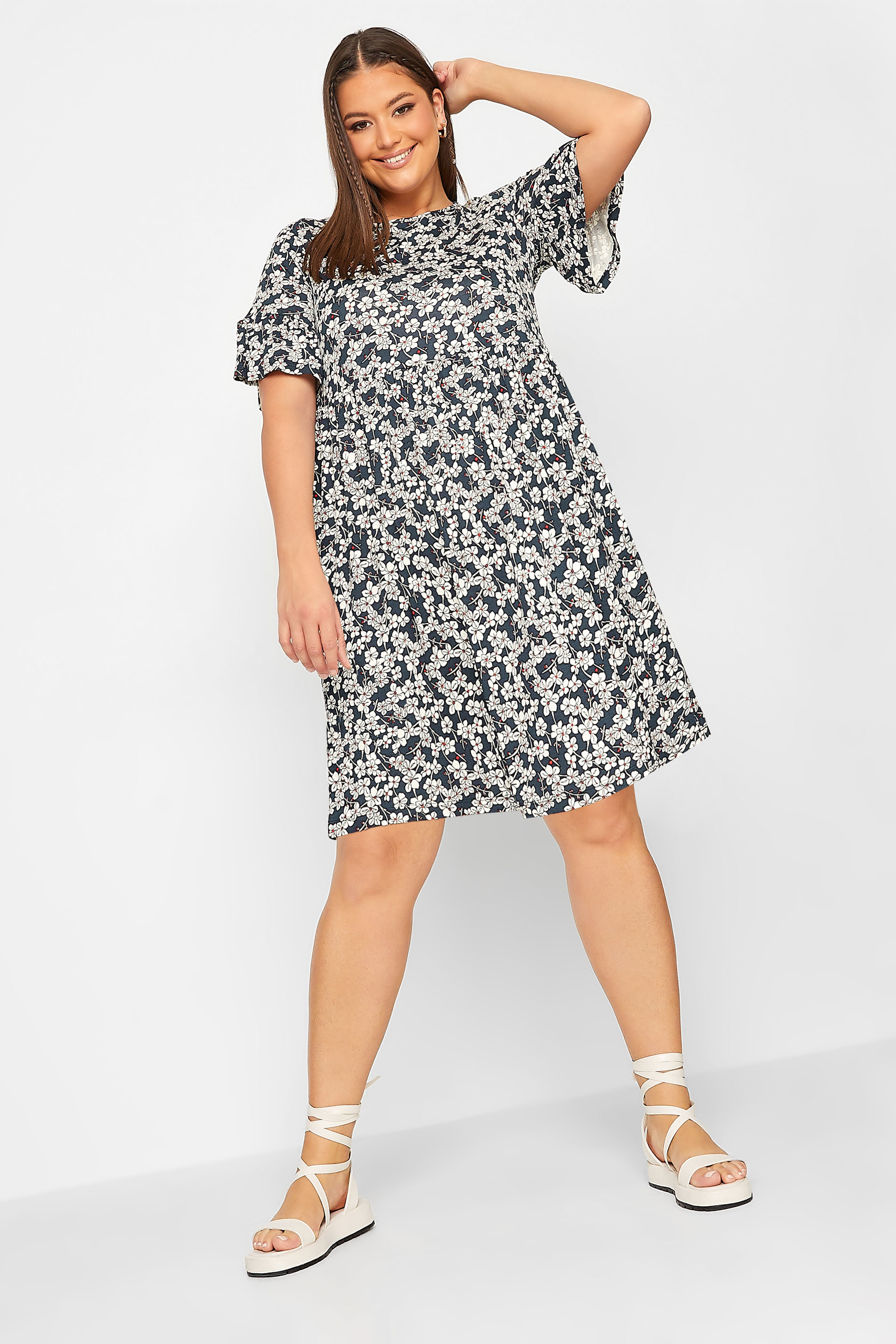 YOURS Curve Plus Size Navy Blue Ditsy Floral Print Smock Tunic Dress | Yours Clothing  2