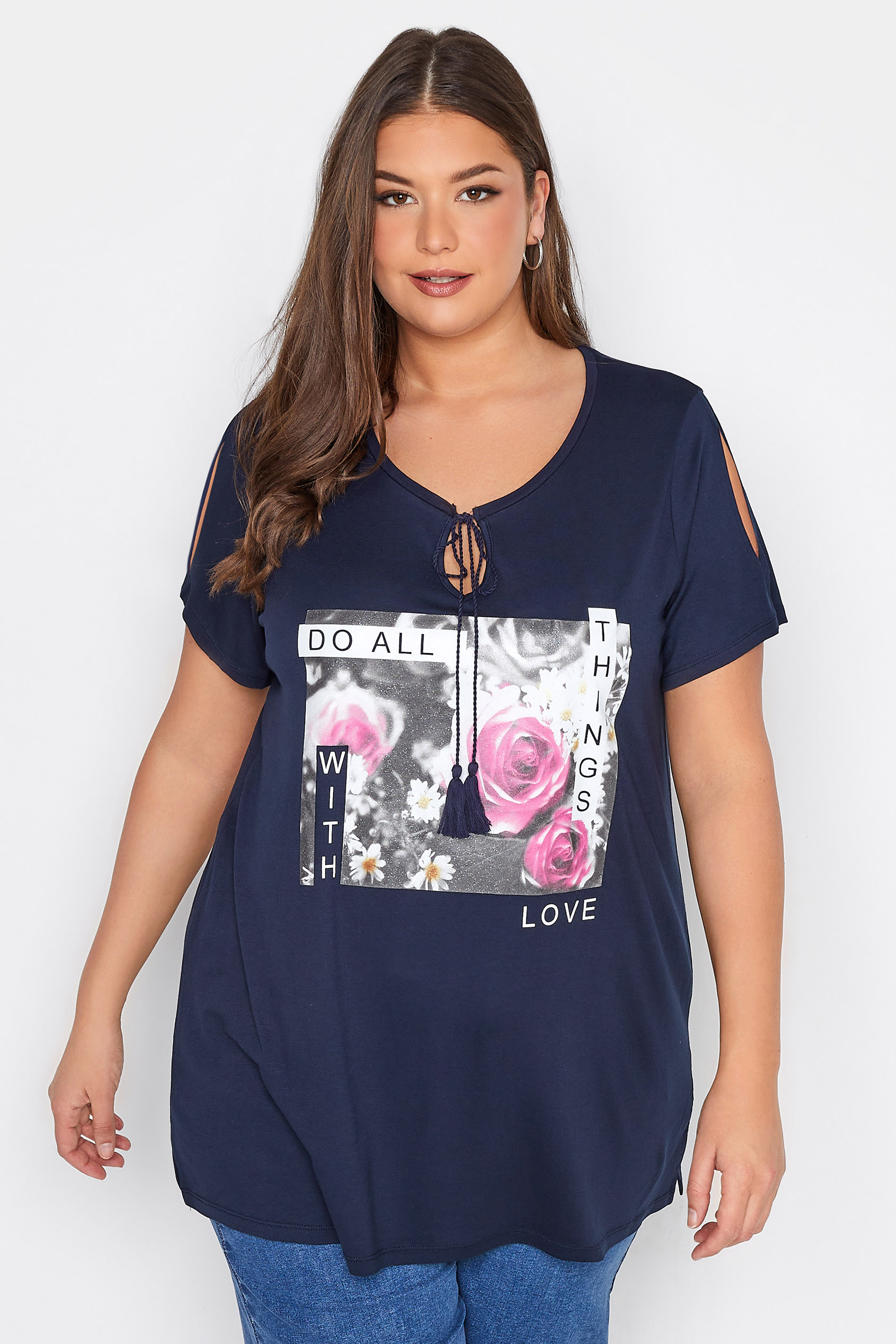 Grande taille  Tops Grande taille  Tops à Slogans | T-Shirt Bleu Marine Slogan 'All things with love' en Jersey - YT63410