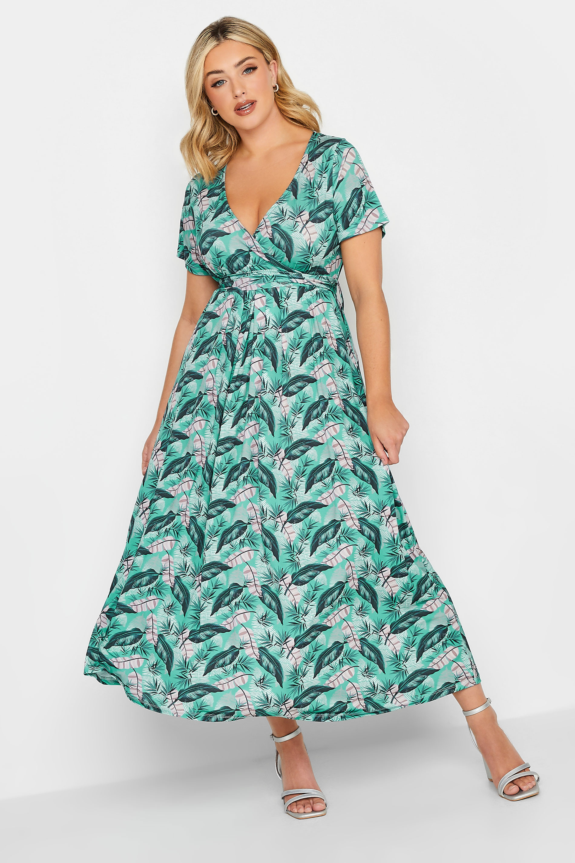 YOURS Plus Size Turquoise Green Leaf Print Maxi Wrap Dress | Yours Clothing 1
