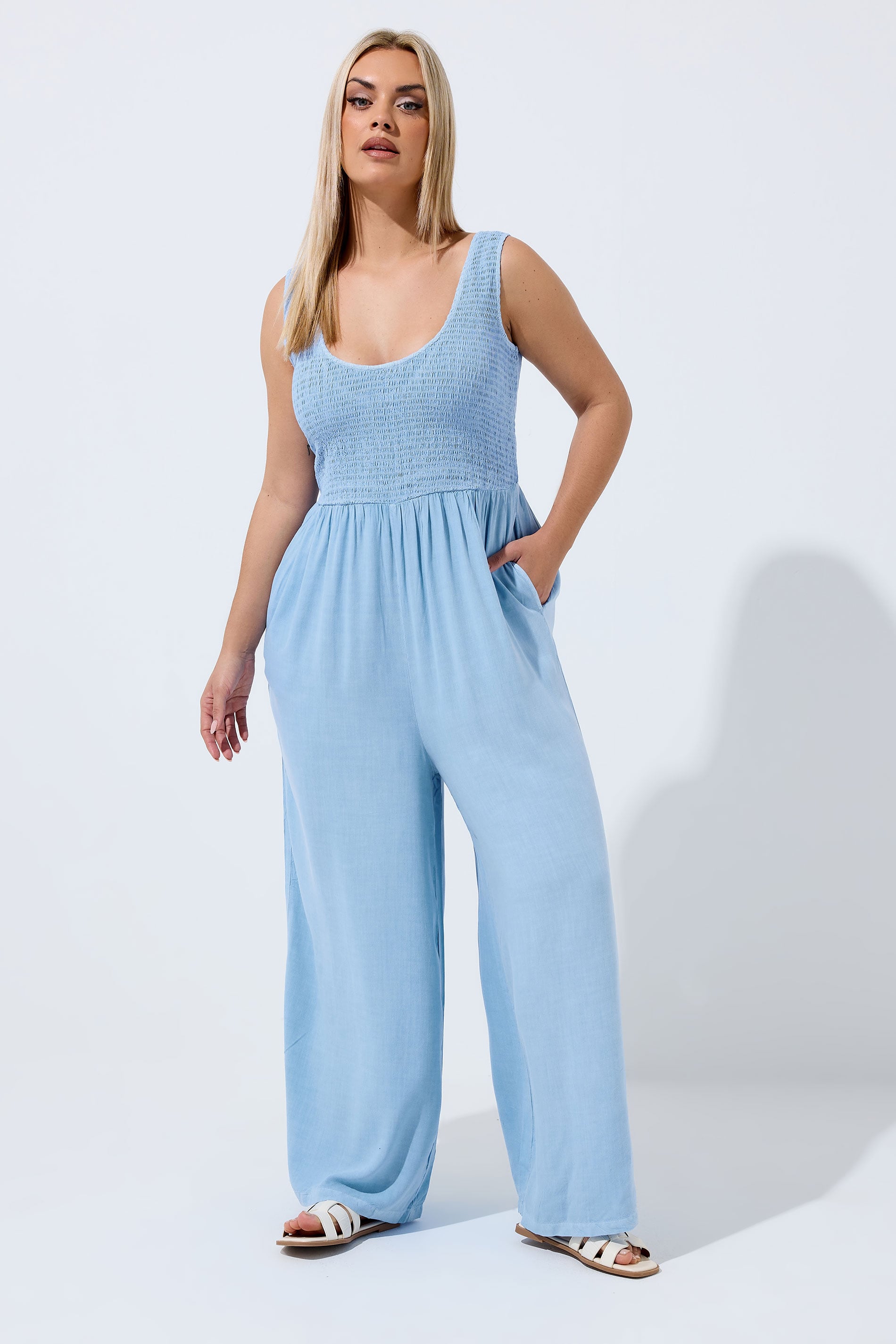 LIMITED COLLECTION Plus Size Blue Chambray Shirred Jumpsuit | Yours Clothing 3