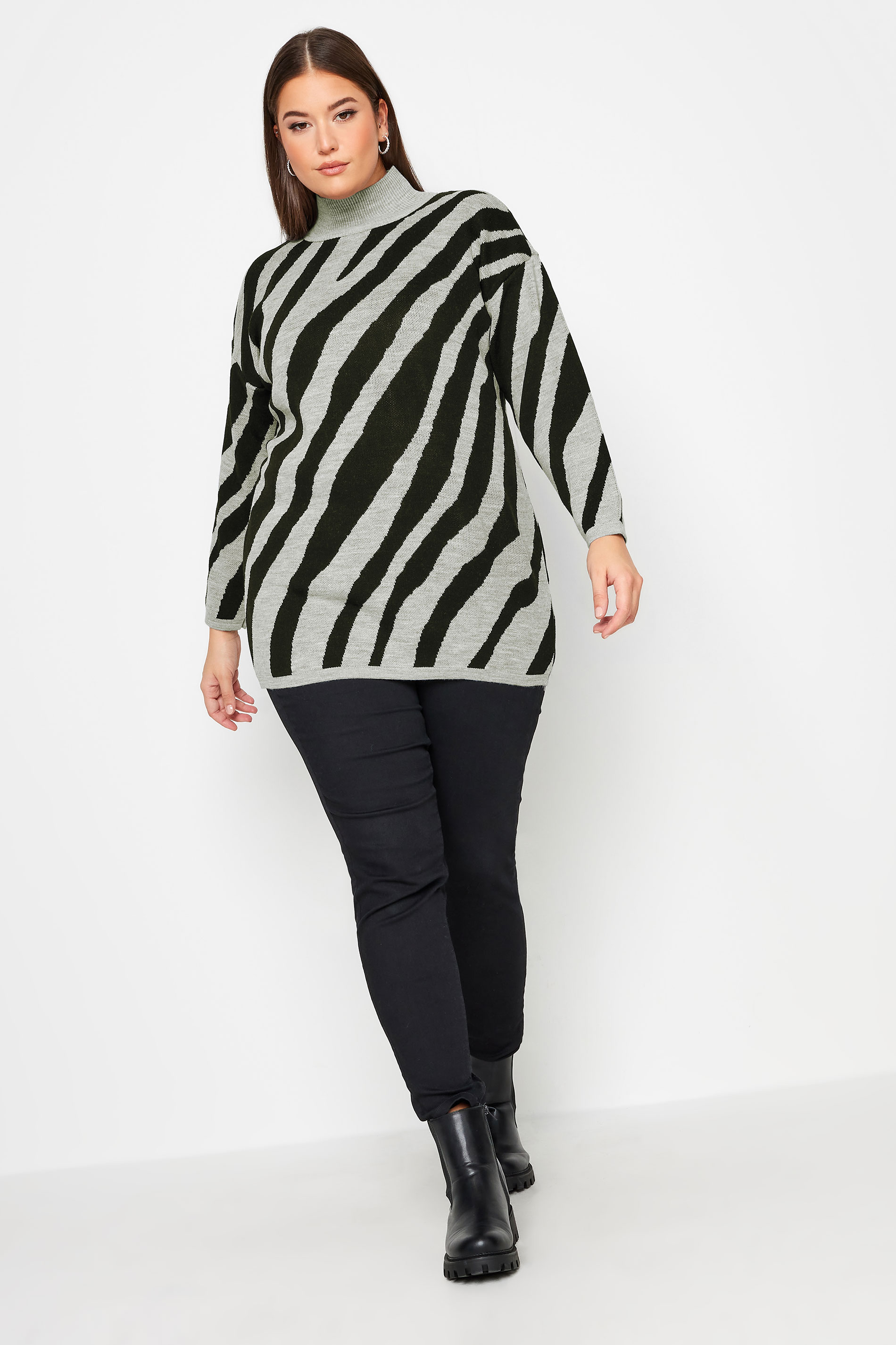 YOURS Plus Size Grey Zebra Print Turtle Neck Jumper | Yours Clothing 2