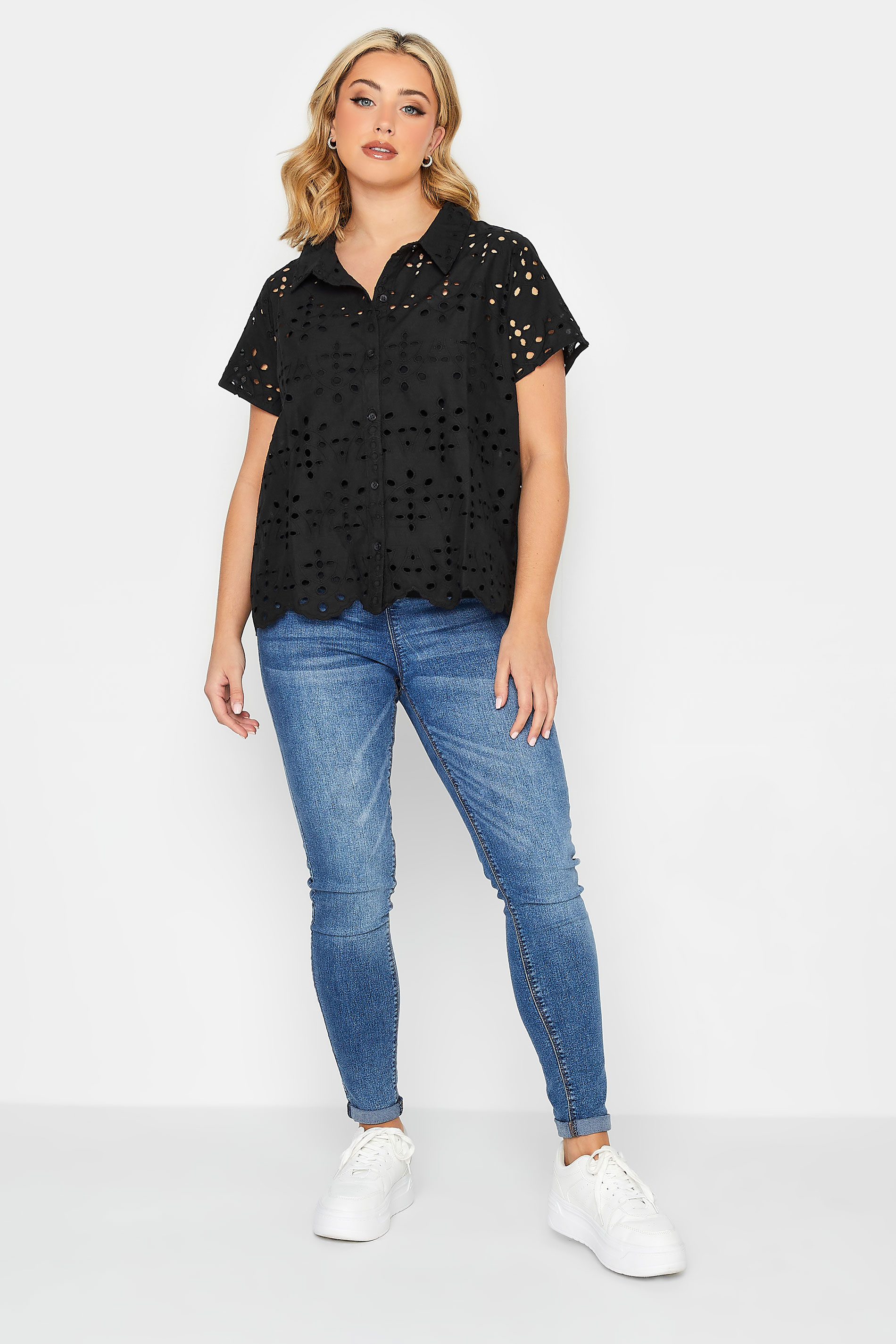 YOURS PETITE Plus Size Black Broderie Anglaise Short Sleeve Shirt | Yours Clothing 2