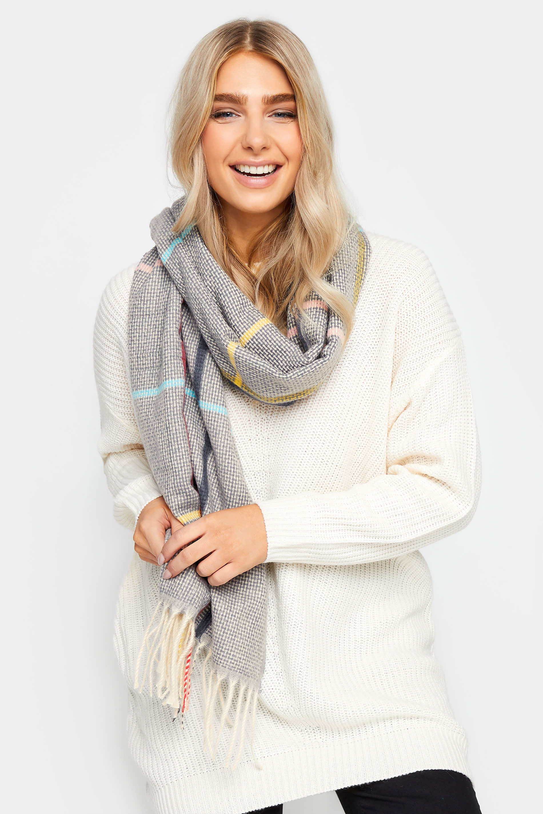 Light Grey Check Tassel Scarf | Yours Clothing