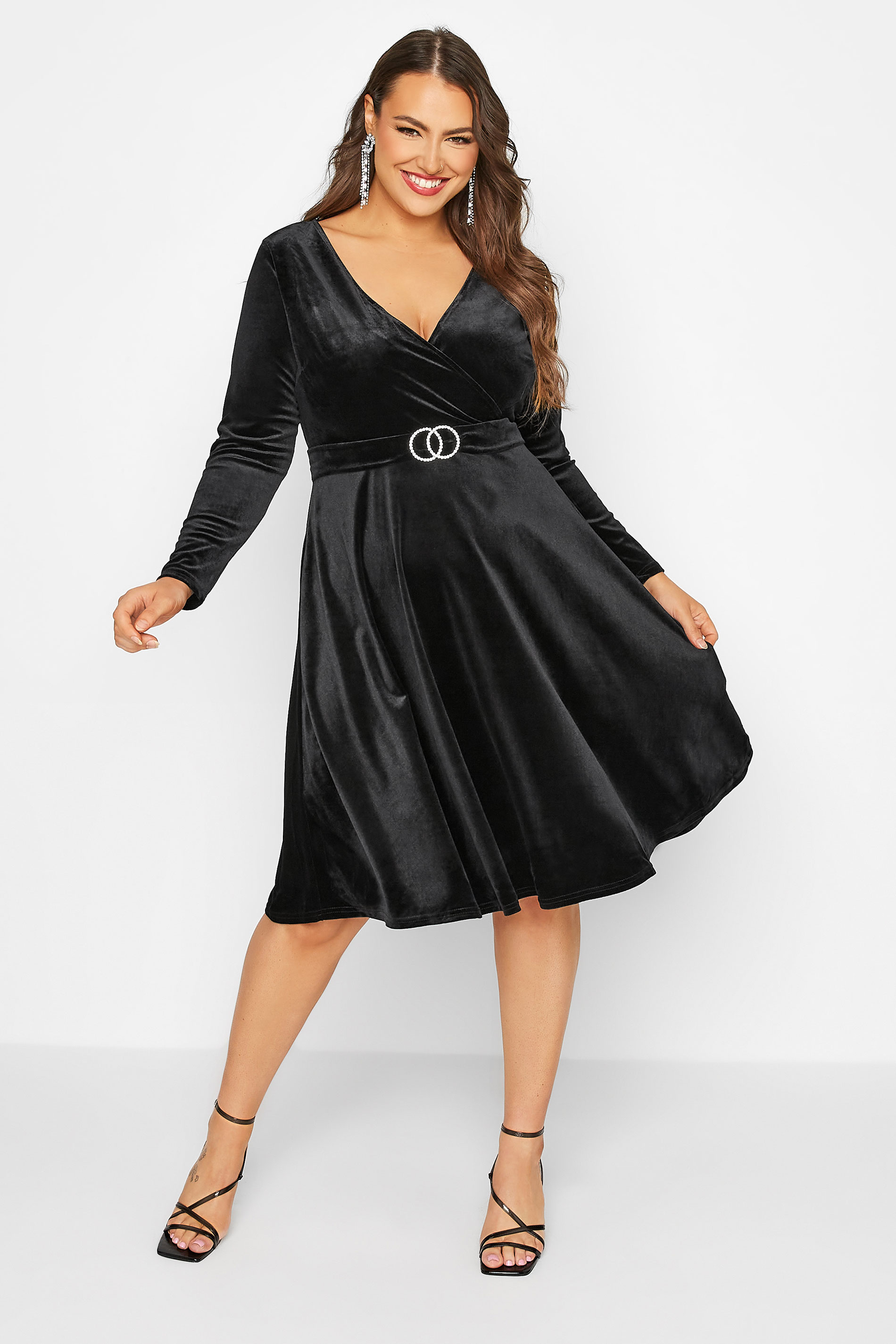 YOURS LONDON Curve Black Diamante Buckle Velvet Wrap Dress | Yours Clothing 1