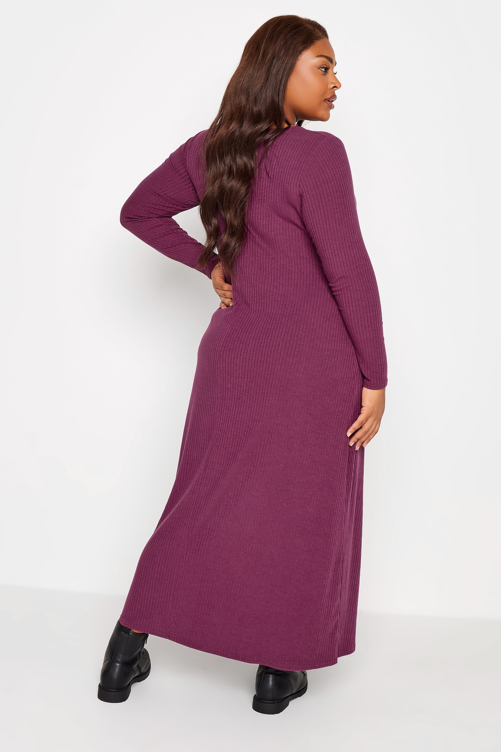 YOURS Curve Purple Ribbed Long Sleeve Swing Dress | Yours Clothing 3