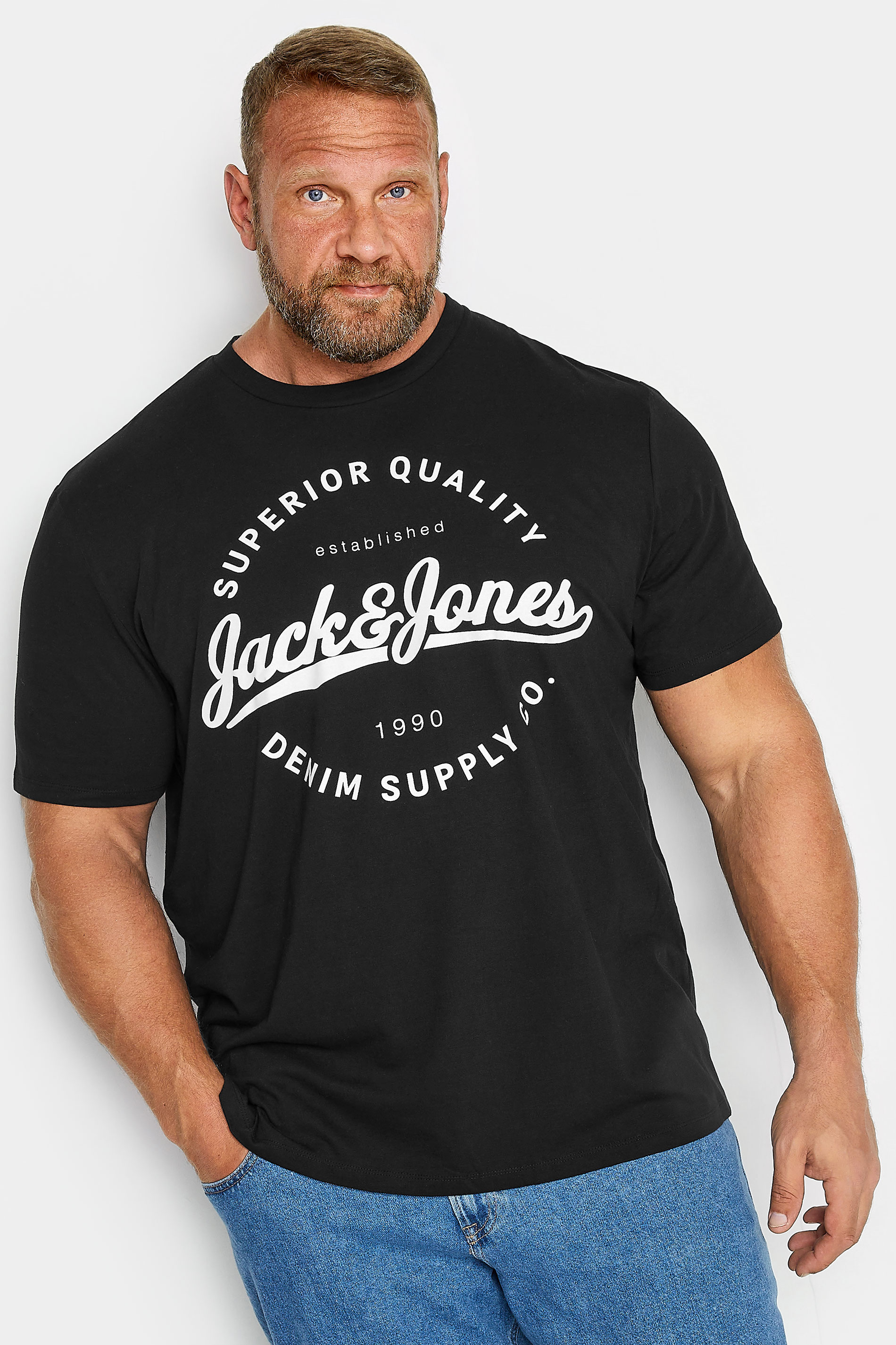 JACK & JONES Big & Tall Black Logo Print Short Sleeve T-Shirt | BadRhino  1