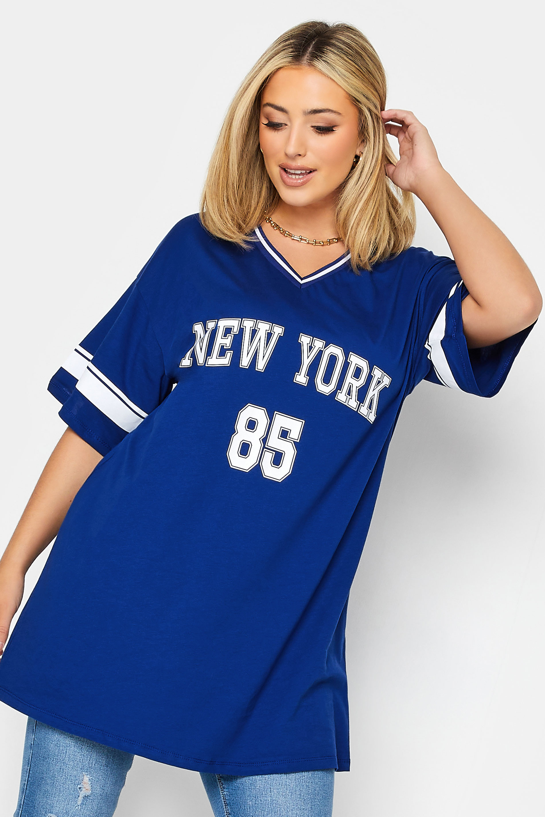YOURS Curve Blue 'New York' Slogan Varsity Tunic Top | Yours Clothing 1