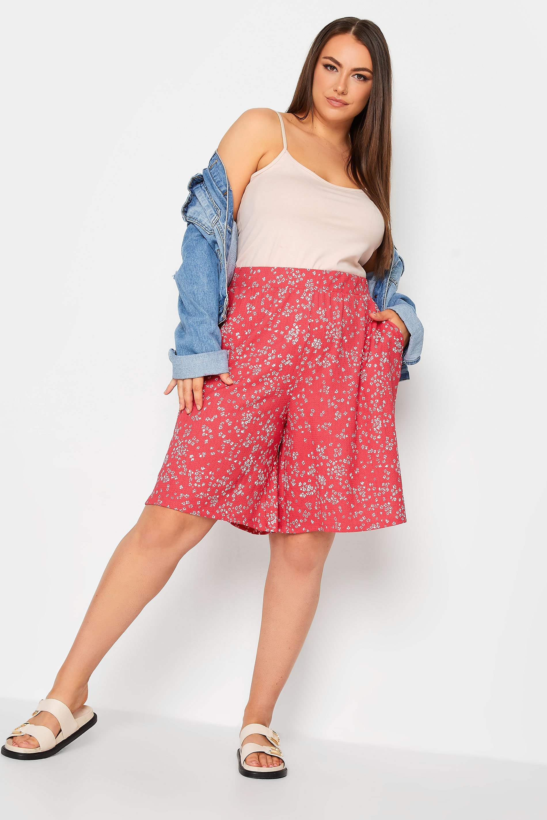 YOURS Plus Size Pink Ditsy Print Pull On Shorts | Yours Clothing