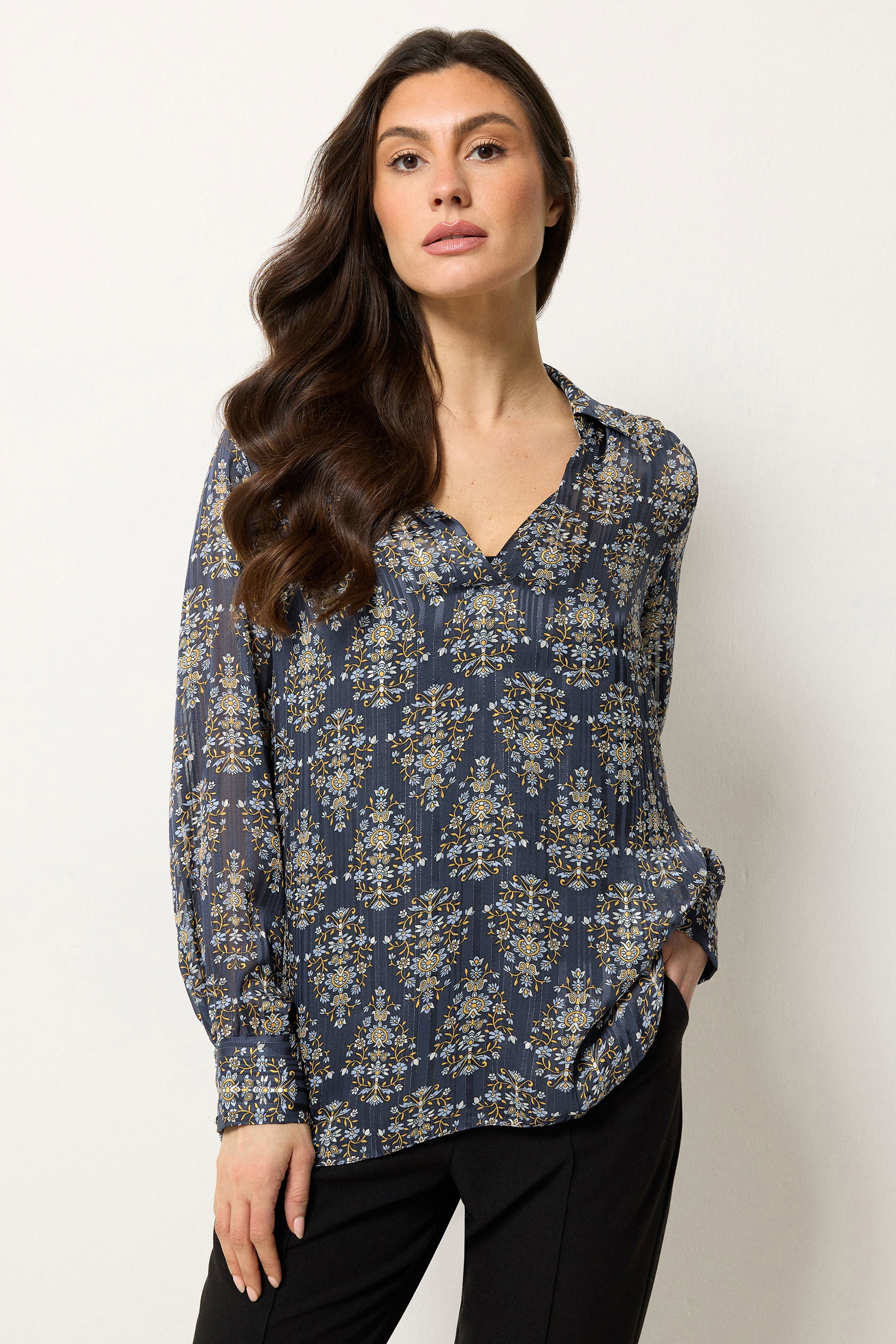 M&Co Navy Blue Floral Metallic Shirt | M&Co 3