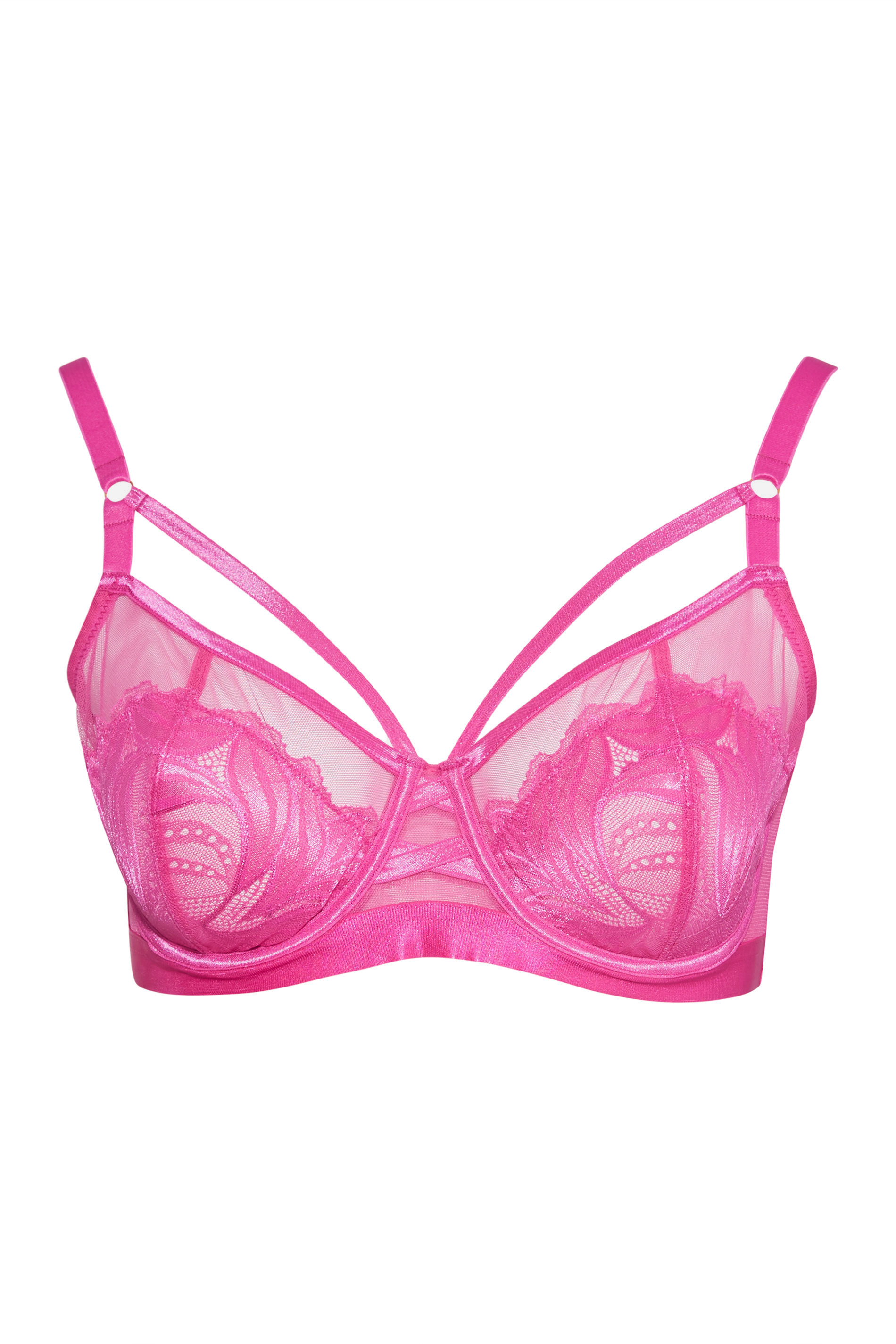 Plus Size Hot Pink Lace Strap Detail Non-Padded Underwired Balcony Bra