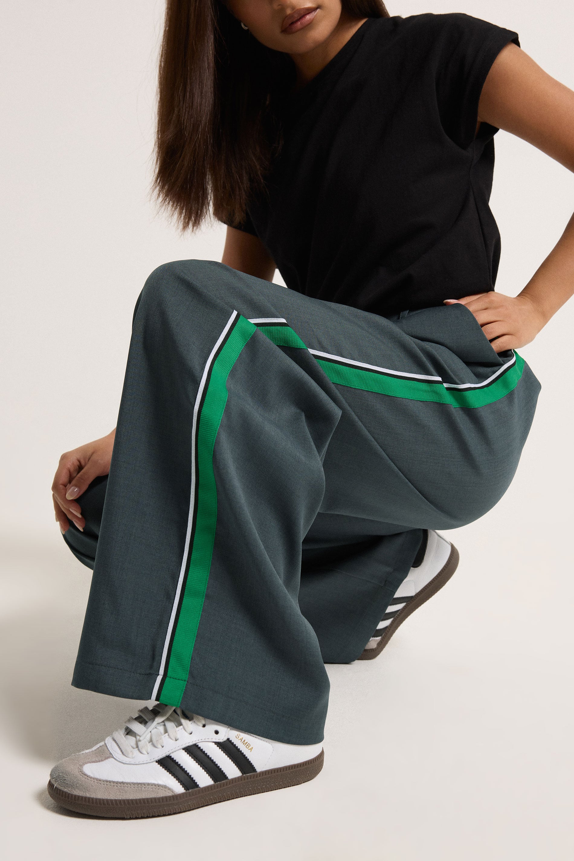 PixieGirl Petite Women's Grey & Green Striped Formal Trousers | PixieGirl 4