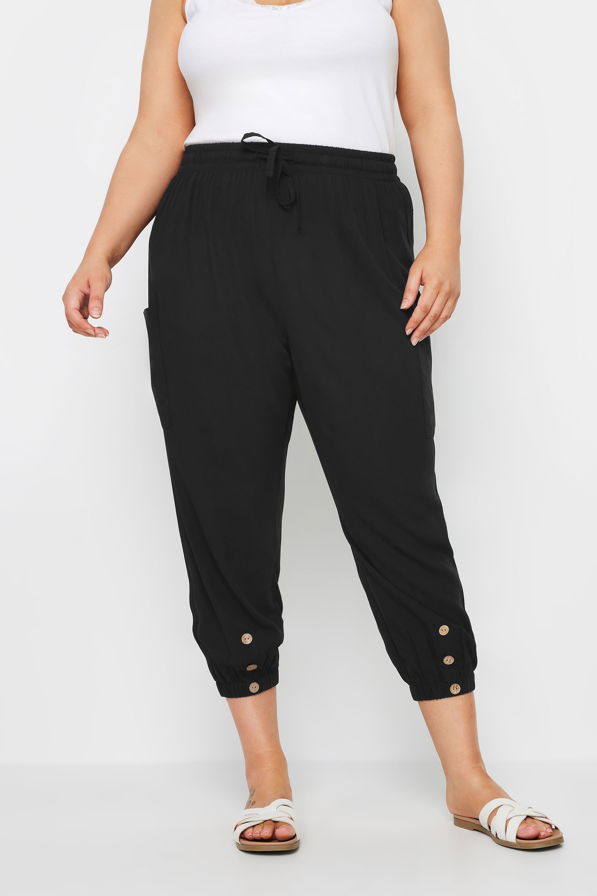 YOURS Plus Size Black Button Front Cropped Trousers | Yours Clothing 2