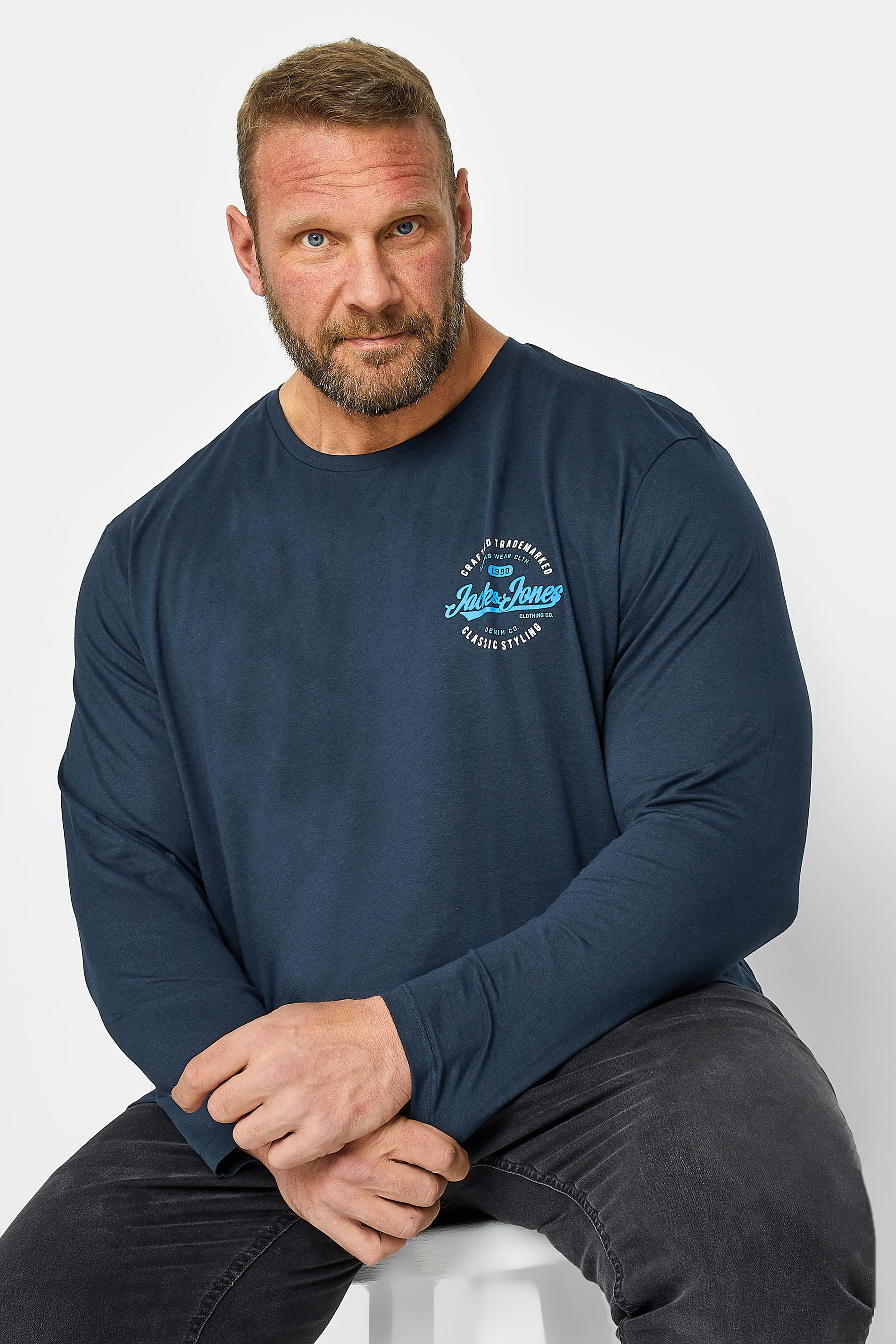 JACK & JONES Big & Tall Navy Blue Long Sleeve Logo T-Shirt | BadRhino 1