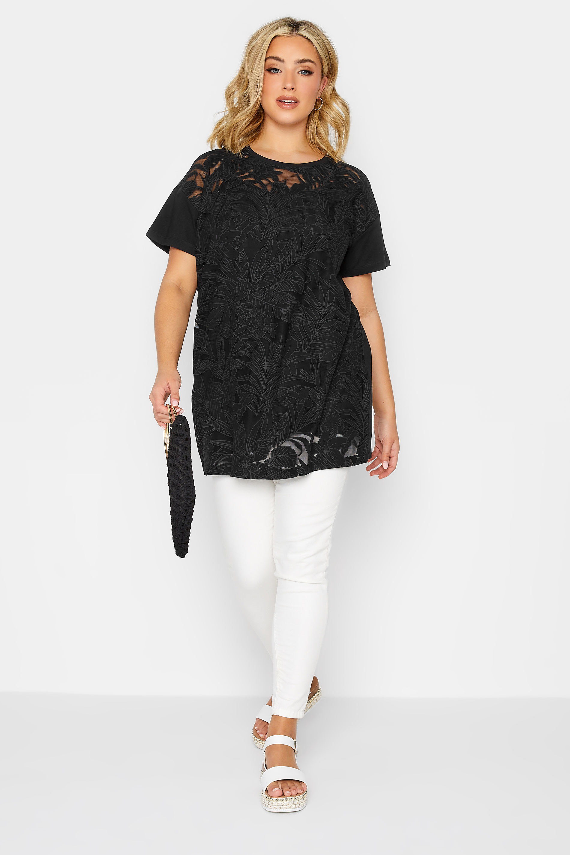 YOURS Plus Size Black Floral Mesh Panel T-Shirt | Yours Clothing 2
