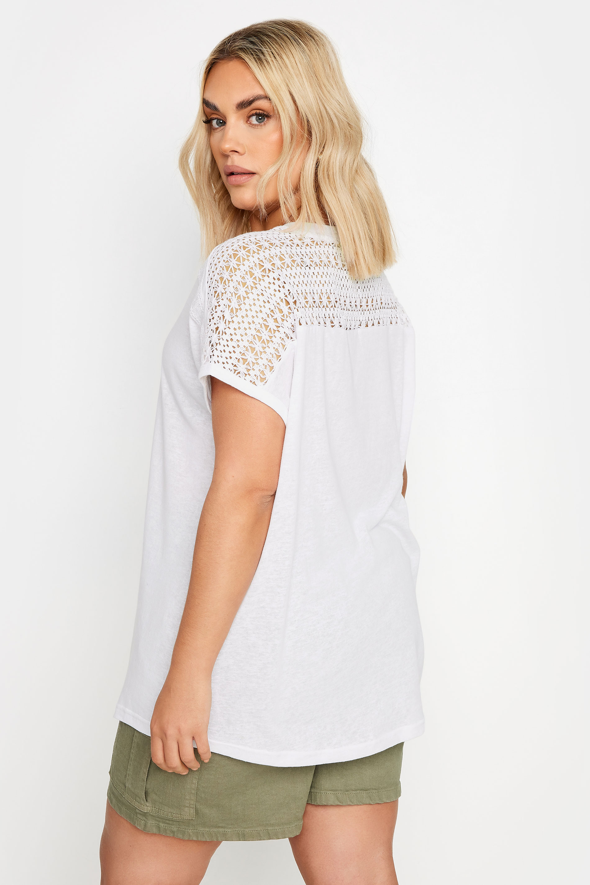 YOURS Plus Size White Crochet Detail Linen T-Shirt | Yours Clothing 3