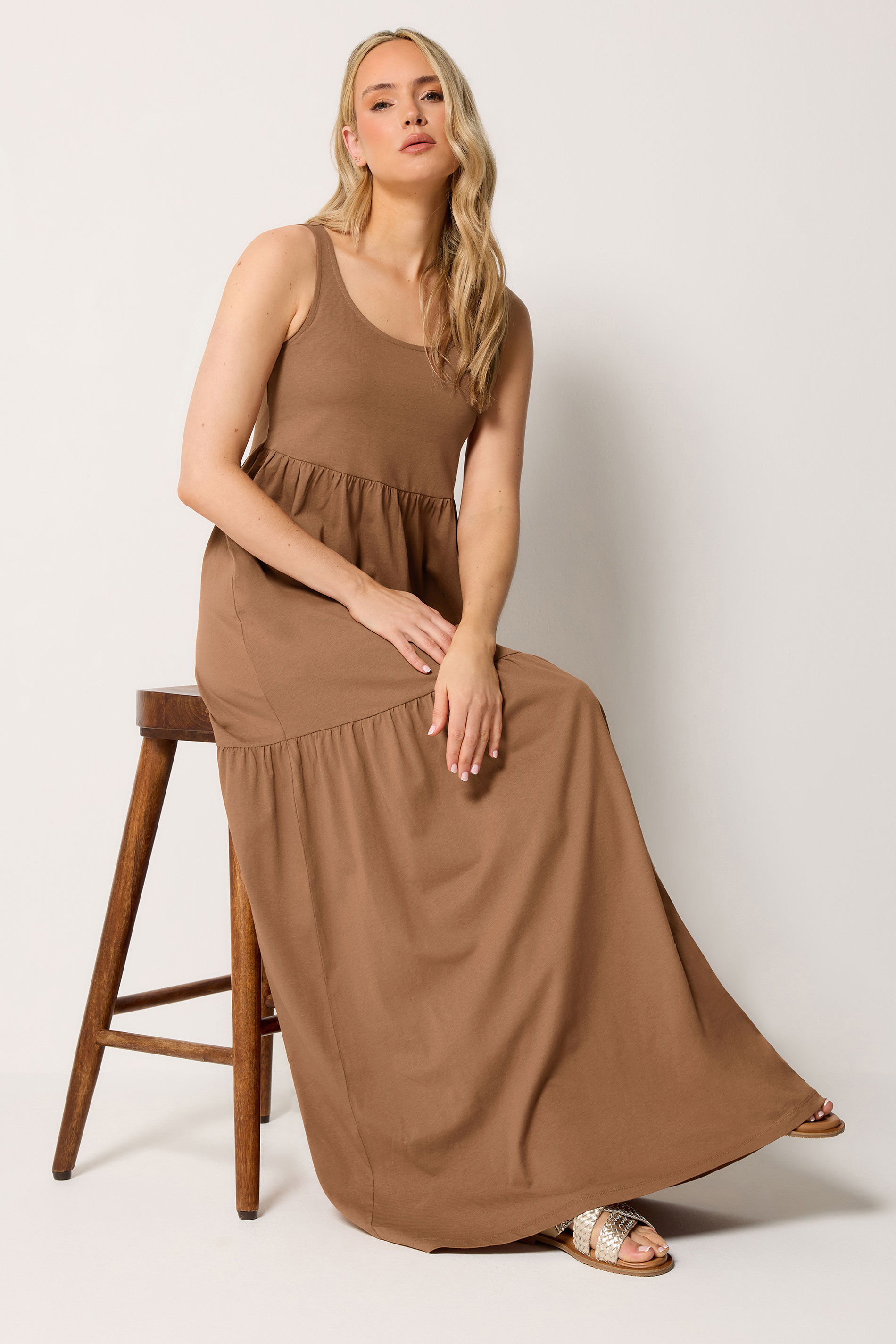 LTS Tall Women's Mocha Brown Tiered Cotton Maxi Dress | Long Tall Sally  1