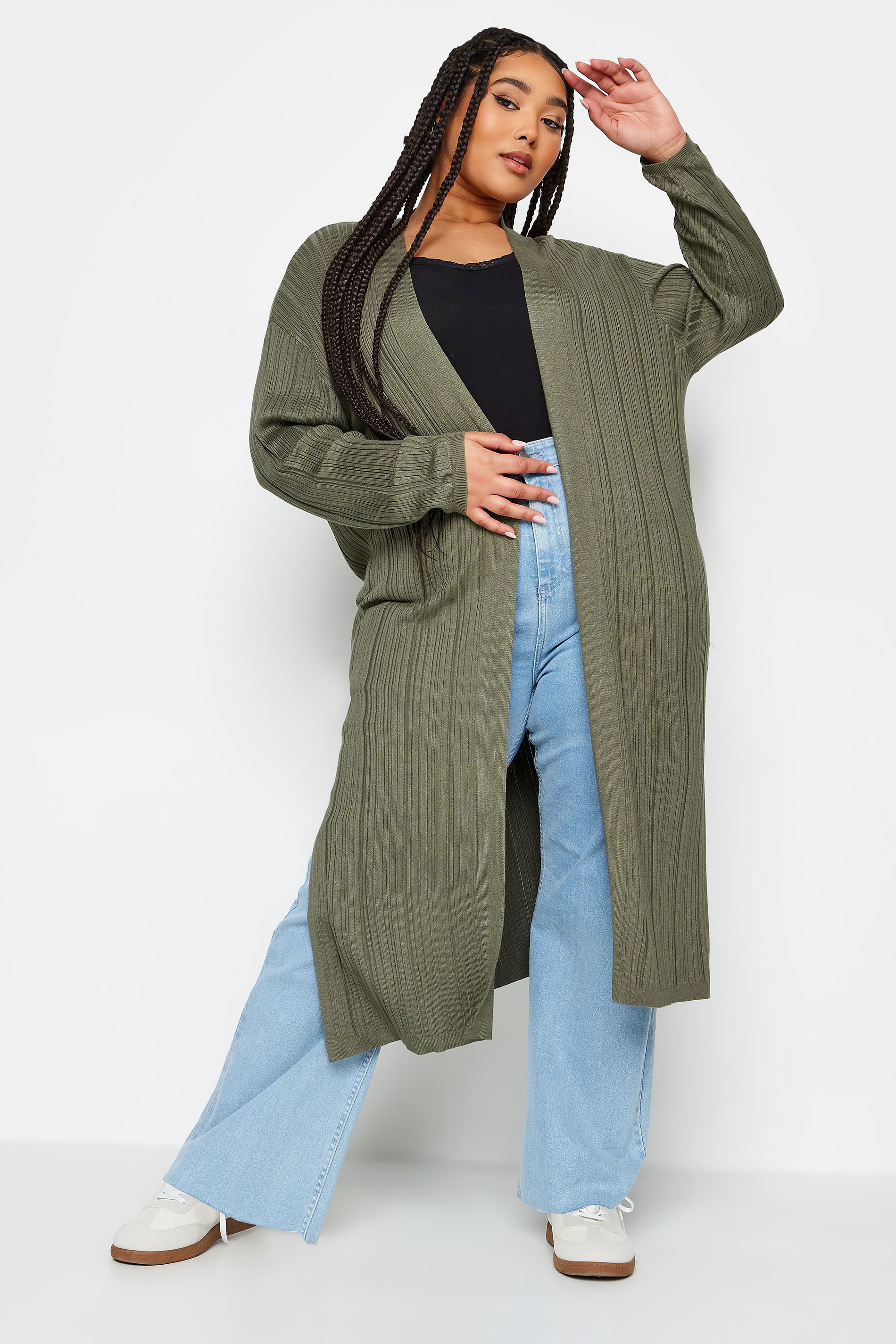 YOURS Plus Size Khaki Green Longline Ribbed Cardigan | Yours Clothing 2