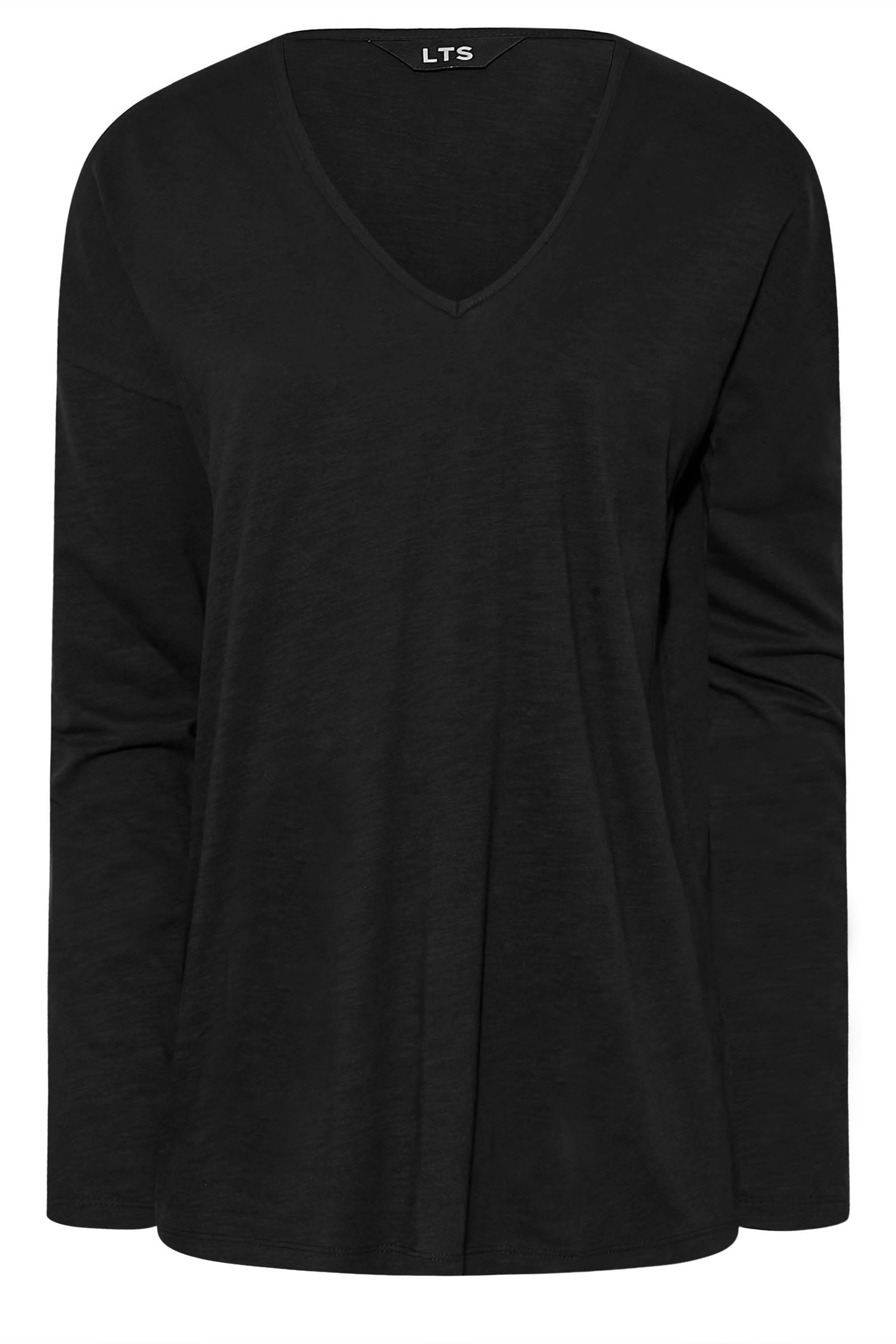 LTS Tall Women's Black V-Neck Long Sleeve Cotton T-Shirt | Long Tall Sally 2