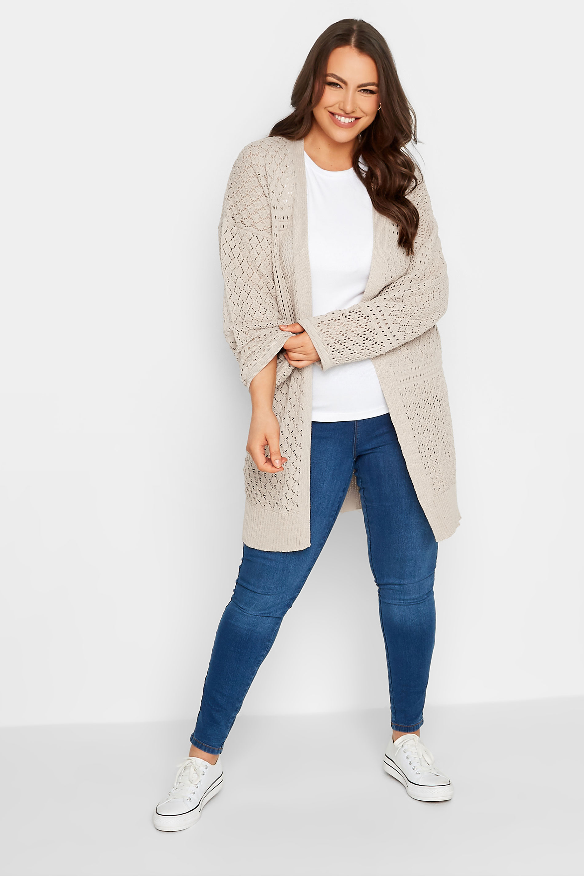 YOURS Plus Size Beige Brown Pointelle Longline Cardigan | Yours Clothing 2