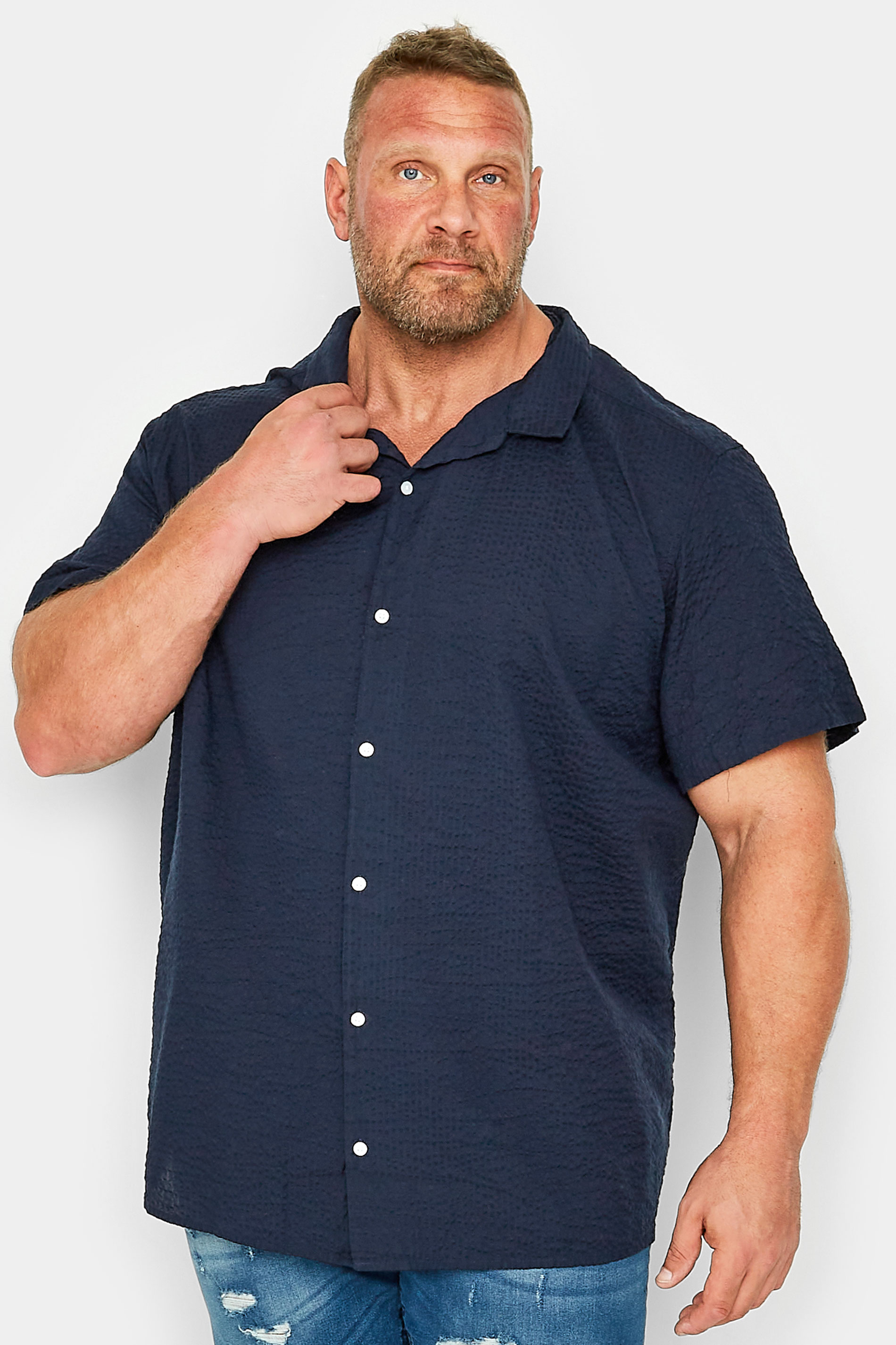 JACK & JONES Big & Tall Navy Blue Seersucker Shirt | BadRhino 1