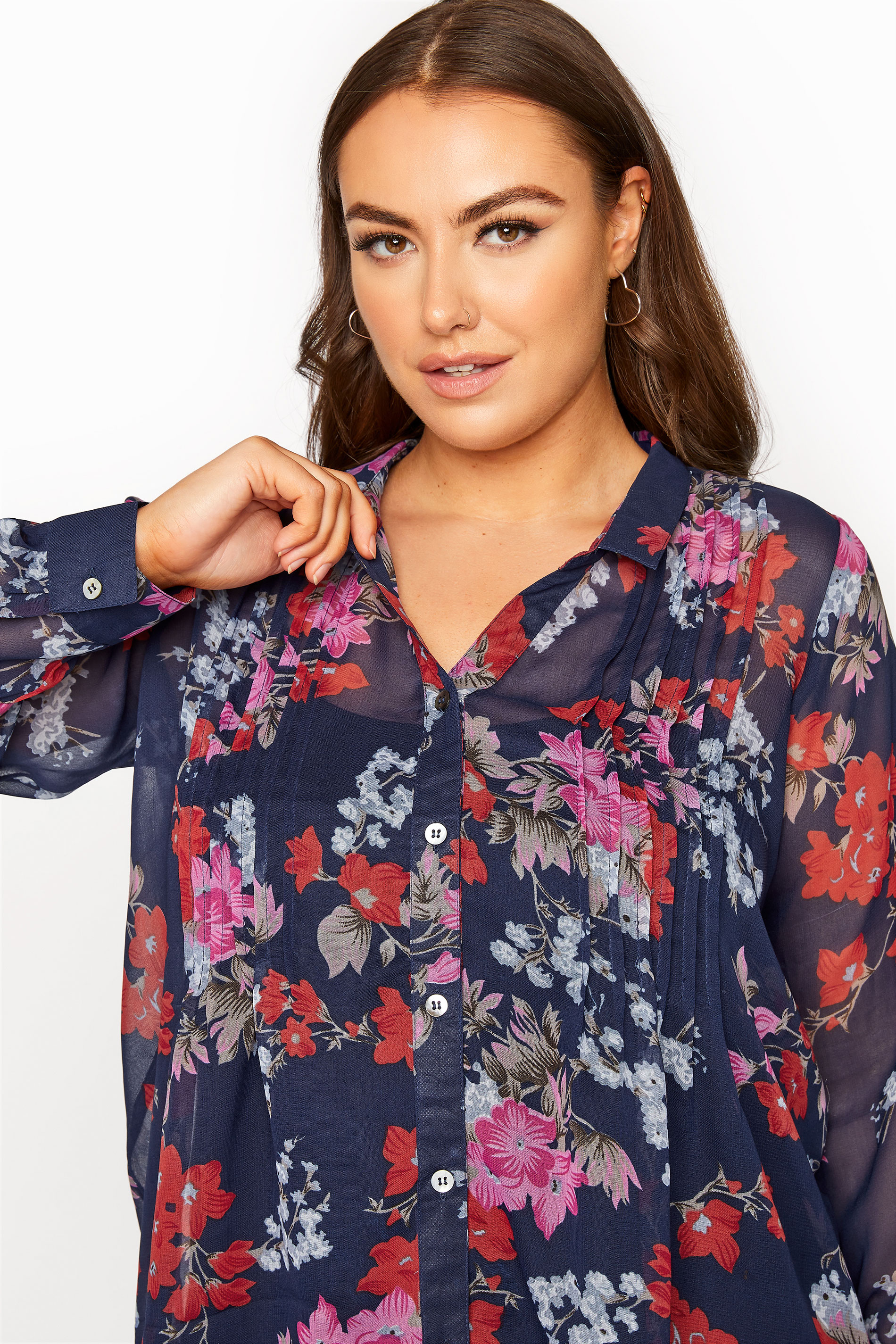 Plus Size Midnight Blue Floral Pintuck Dipped Hem Blouse | Yours Clothing