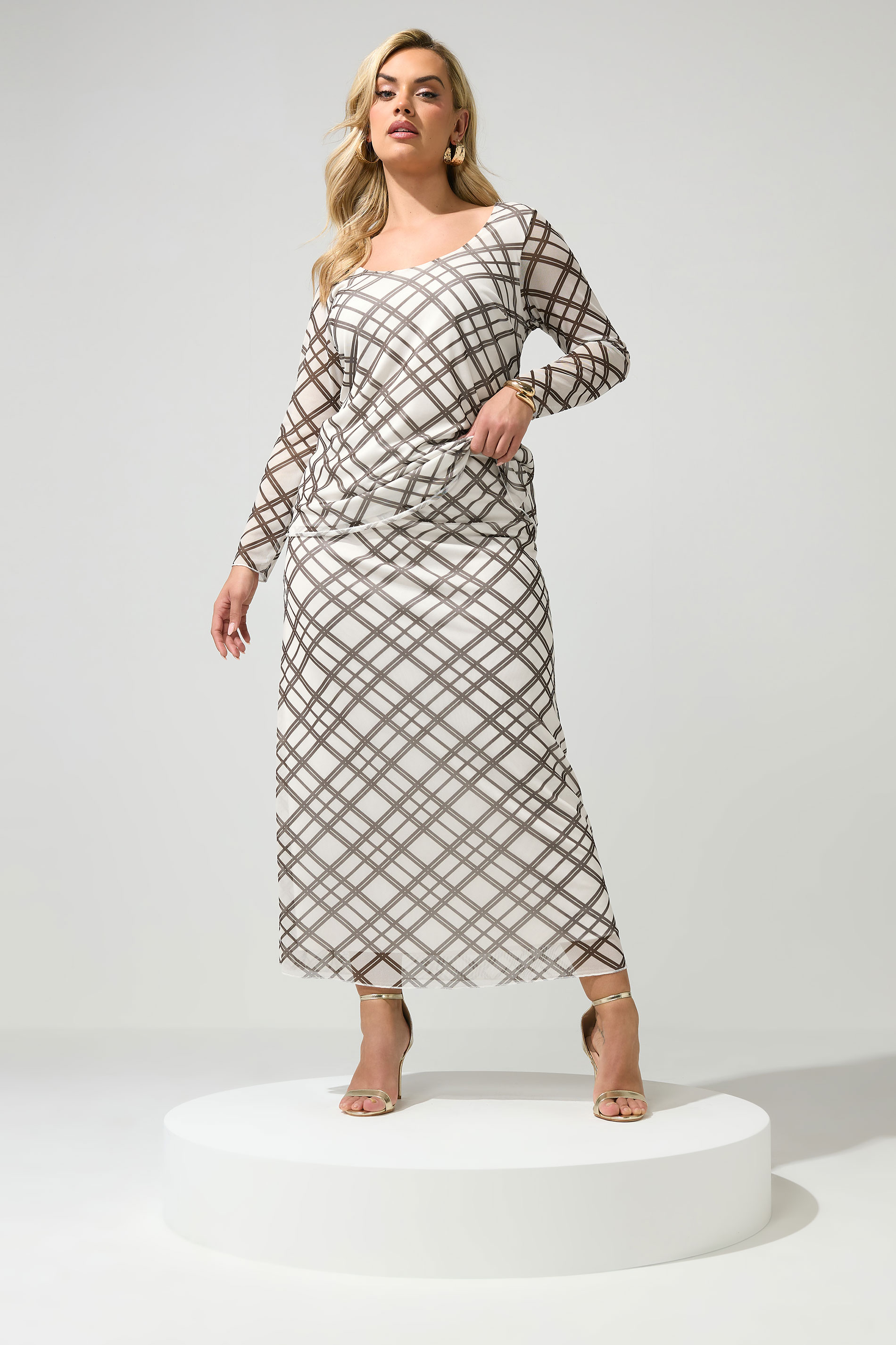 YOURS LONDON Curve Ivory White & Brown Check Maxi Skirt | Yours Clothing 1