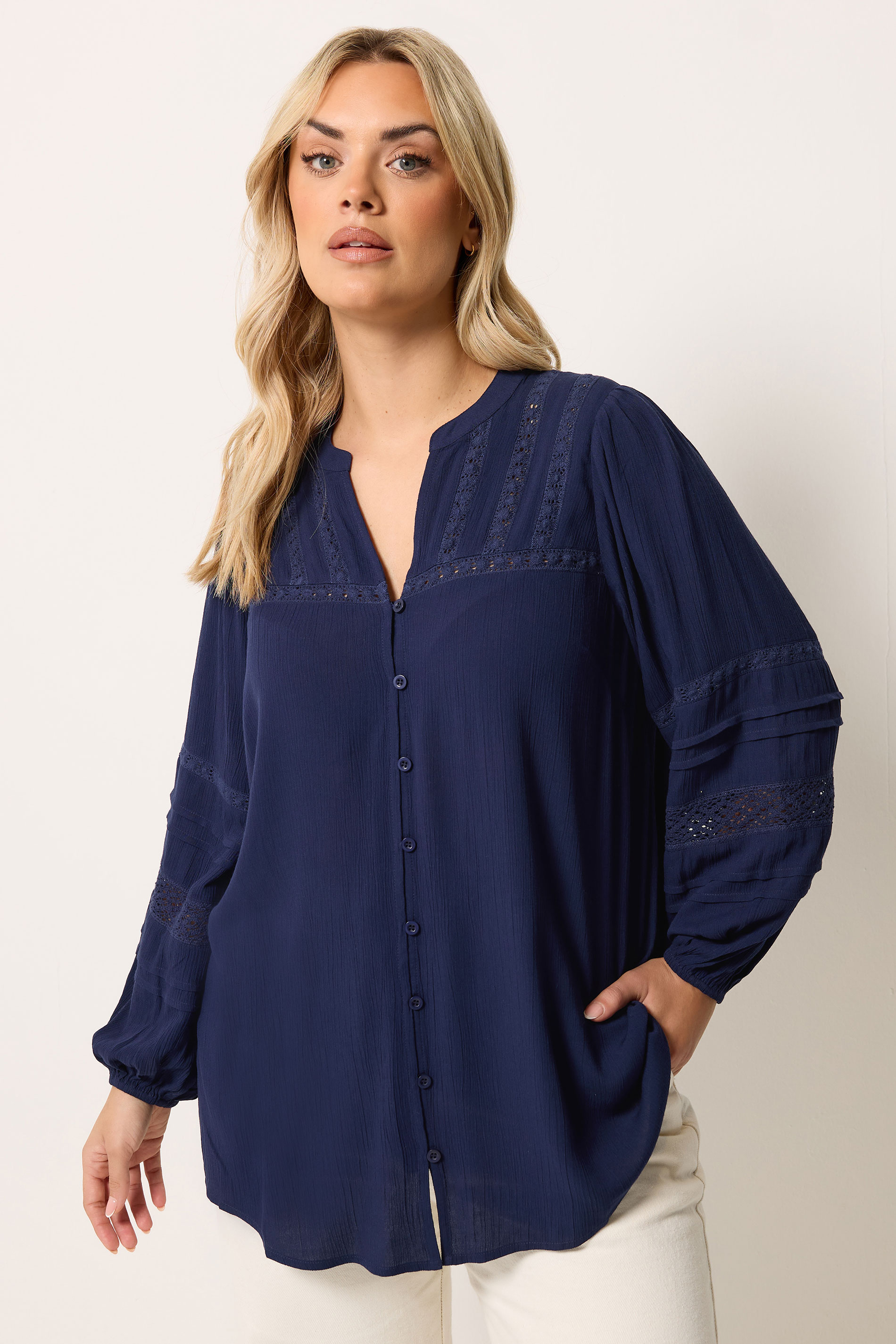 YOURS Curve Navy Blue Notch Neck Crochet Blouse | Yours Clothing  3