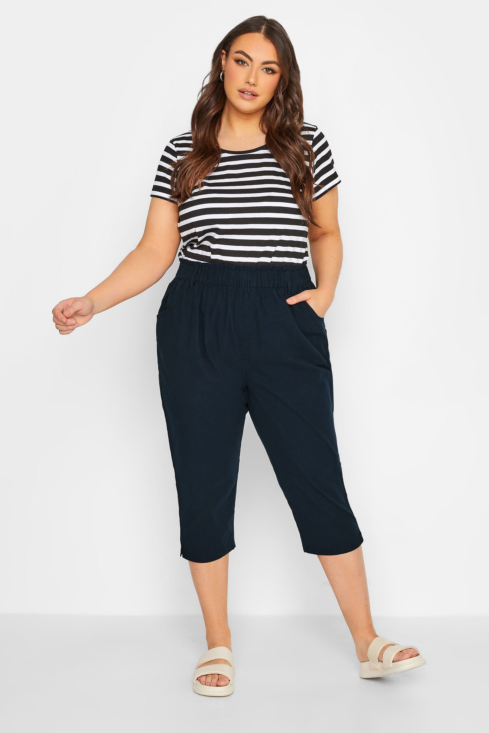 YOURS Plus Size Navy Blue Cool Cotton Cropped Joggers | Yours Clothing