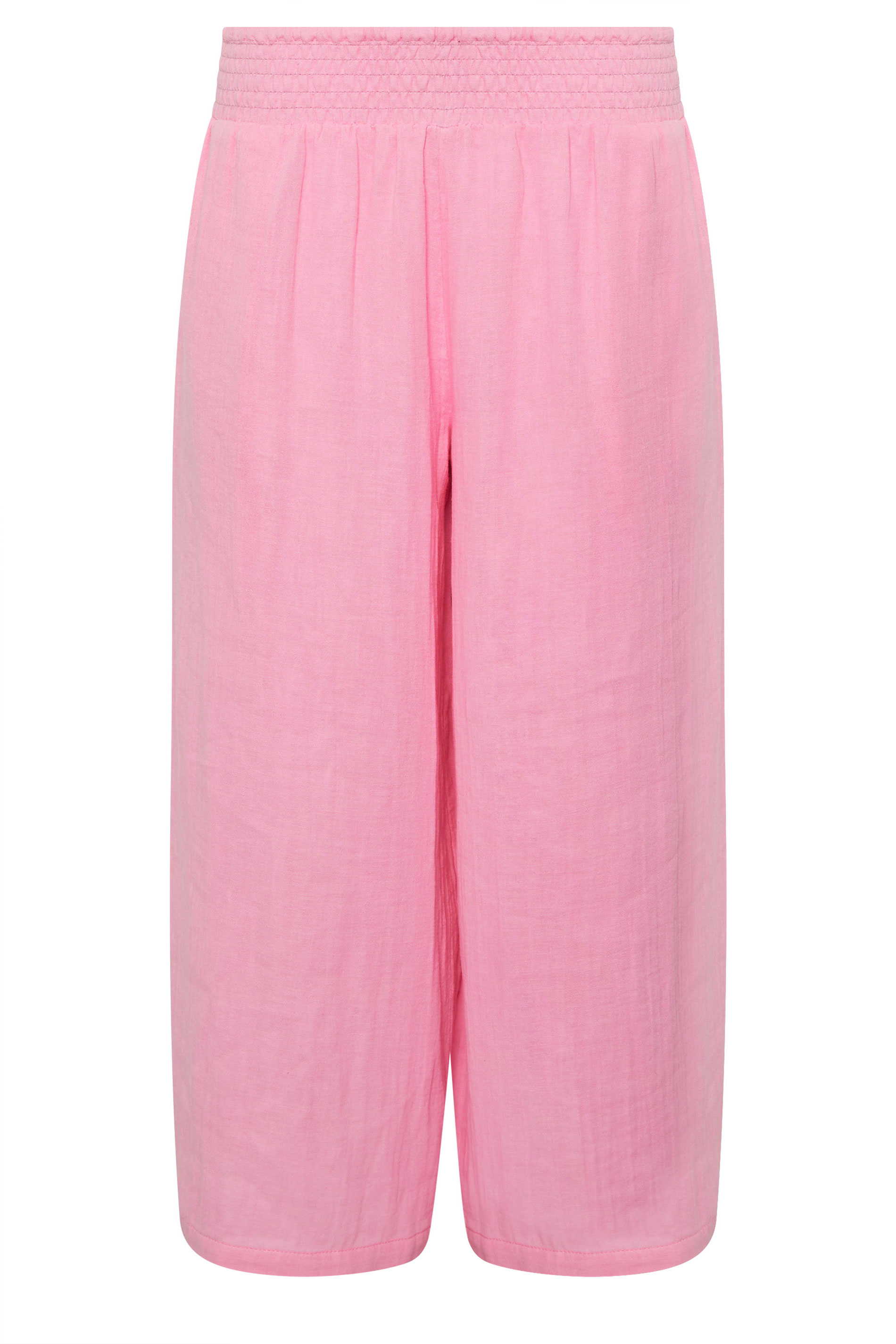 PixieGirl Petite Women's Pink Cotton Cheesecloth Cropped Wide Leg Trousers | PixieGirl 6