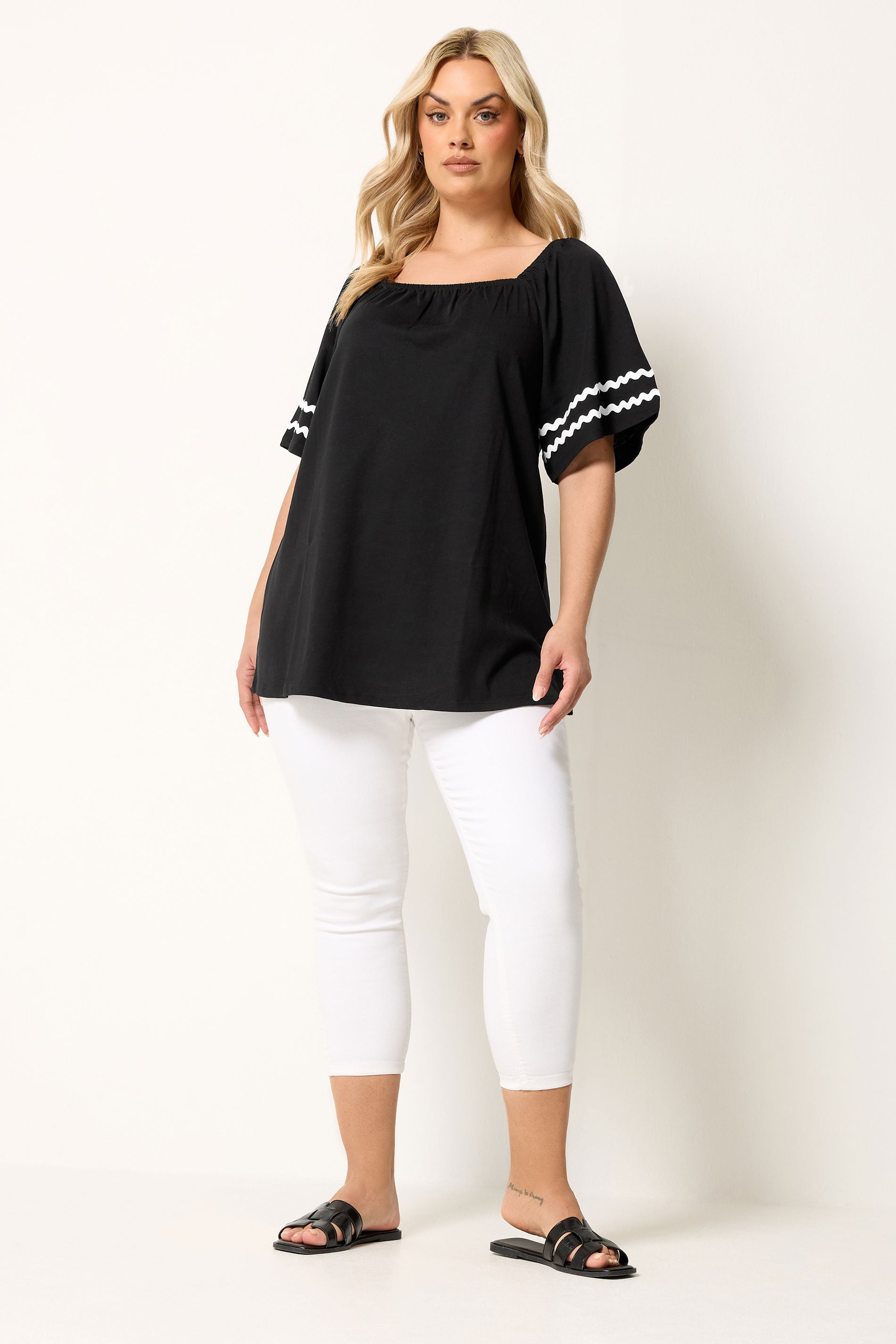 YOURS Plus Size Black Contrast Trim Square Neck T-Shirt | Yours Clothing 1