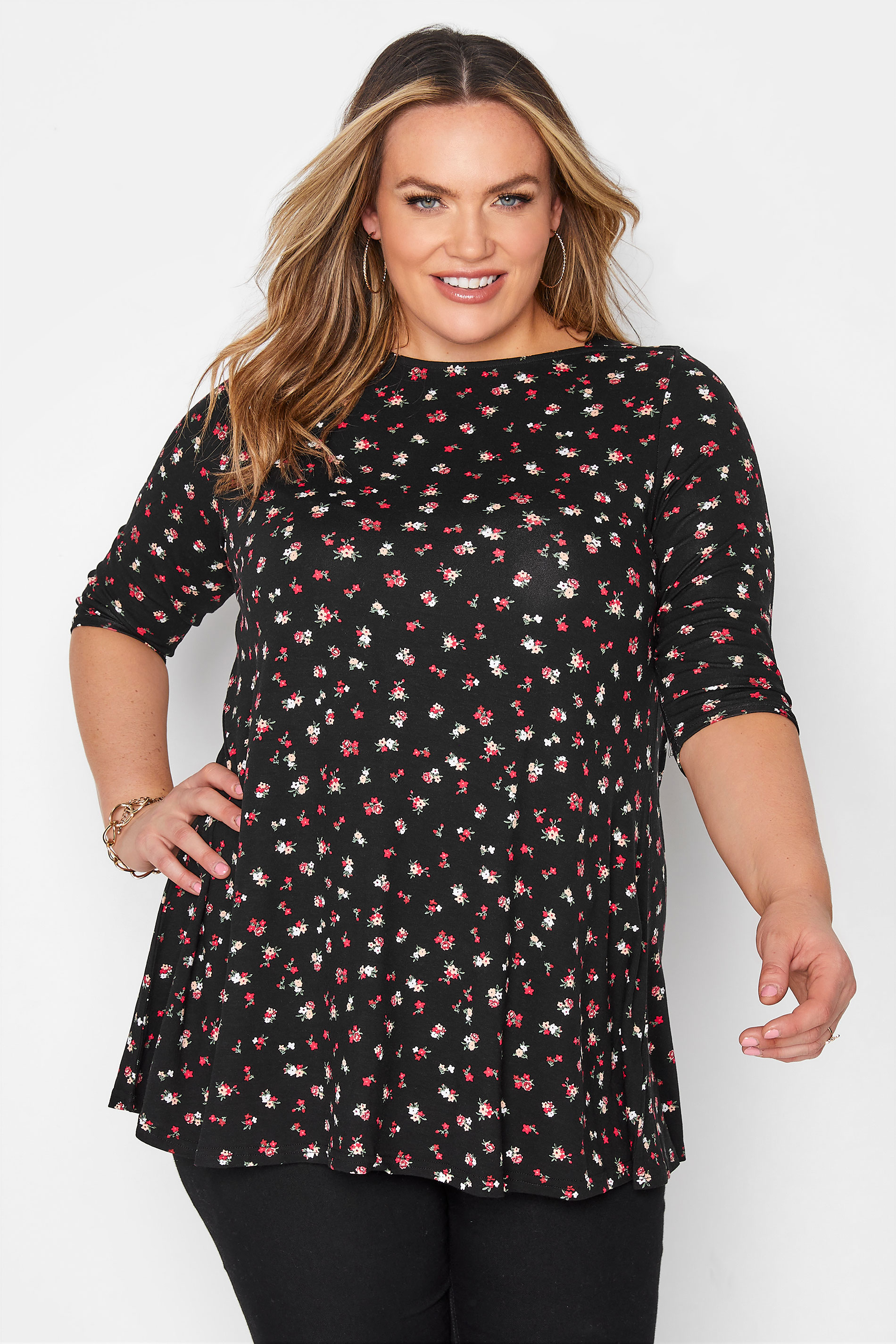 Plus Size Black Ditsy Envelope Neck Swing Top | Yours Clothing 1