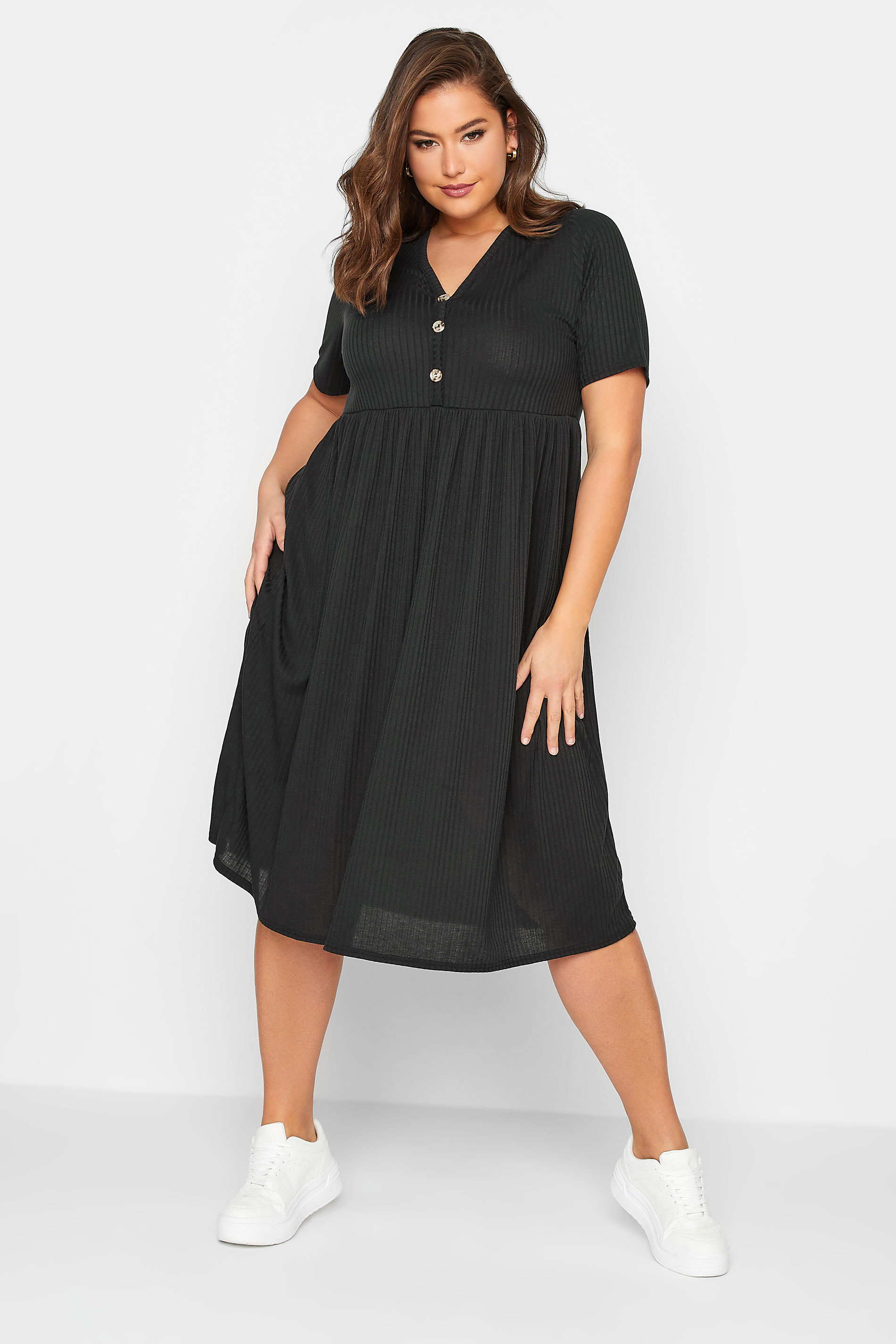 LIMITED COLLECTION Plus Size Black Ribbed Peplum Midi Dress | Yours Clothing 1