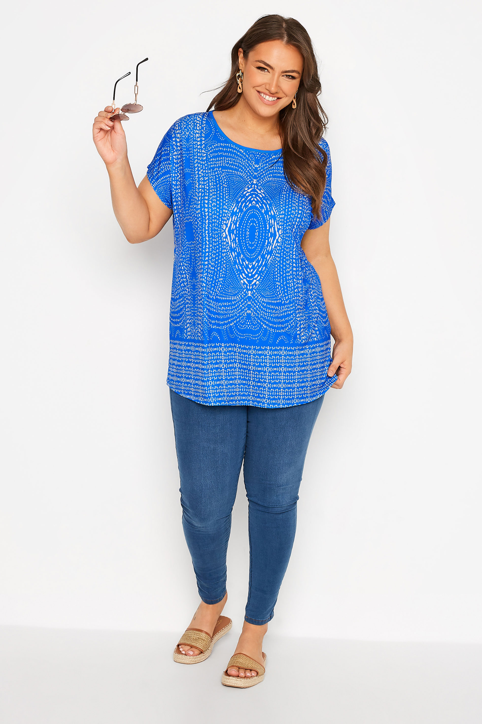 Grande taille  Tops Grande taille  T-Shirts | Curve Blue Aztec Back Tie T-Shirt - LC26530