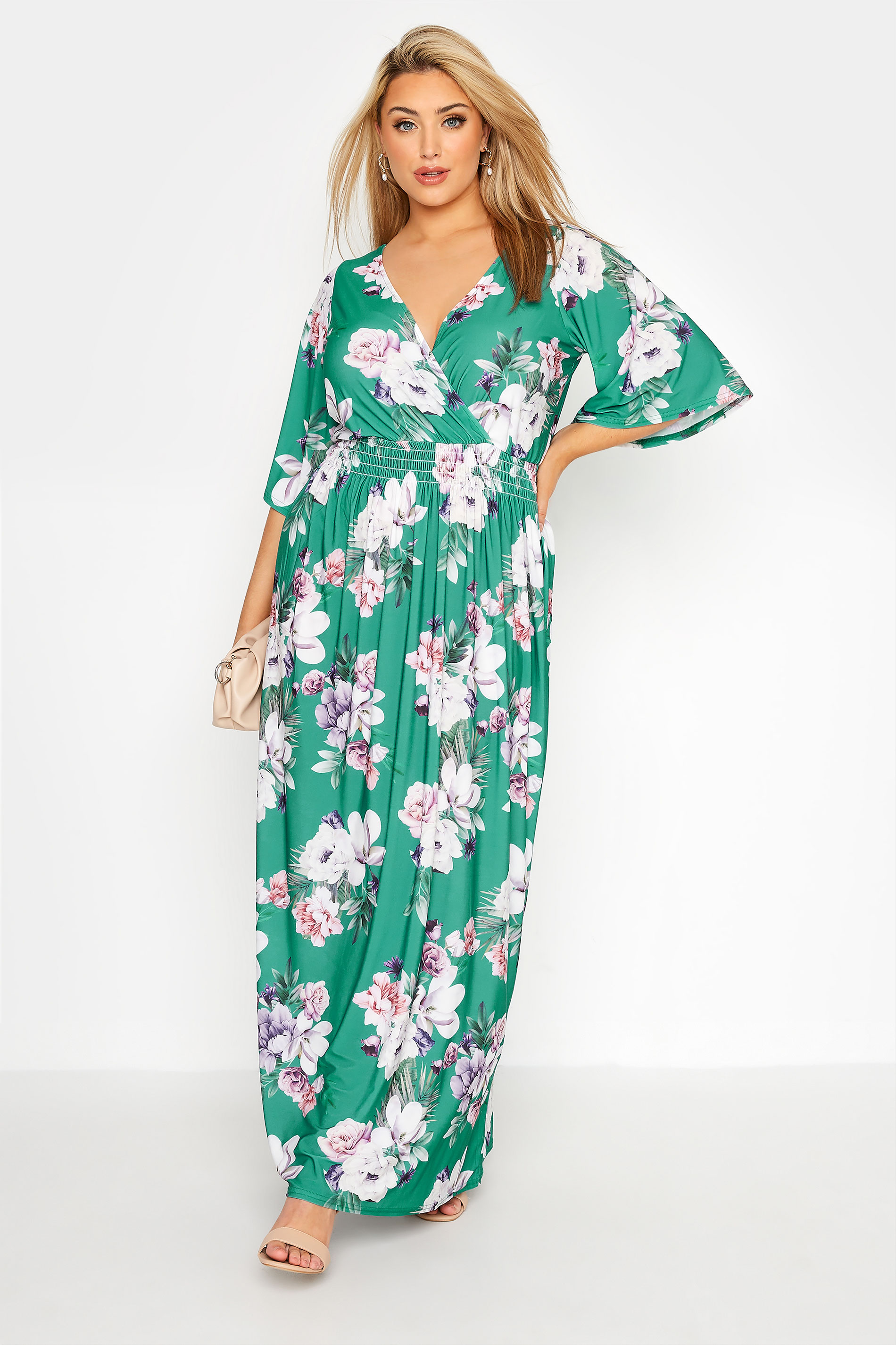 Robes Grande Taille Grande taille  Robes Longues | YOURS LONDON - Robe Cache-Coeur Floral Verte Maxi - UM21685