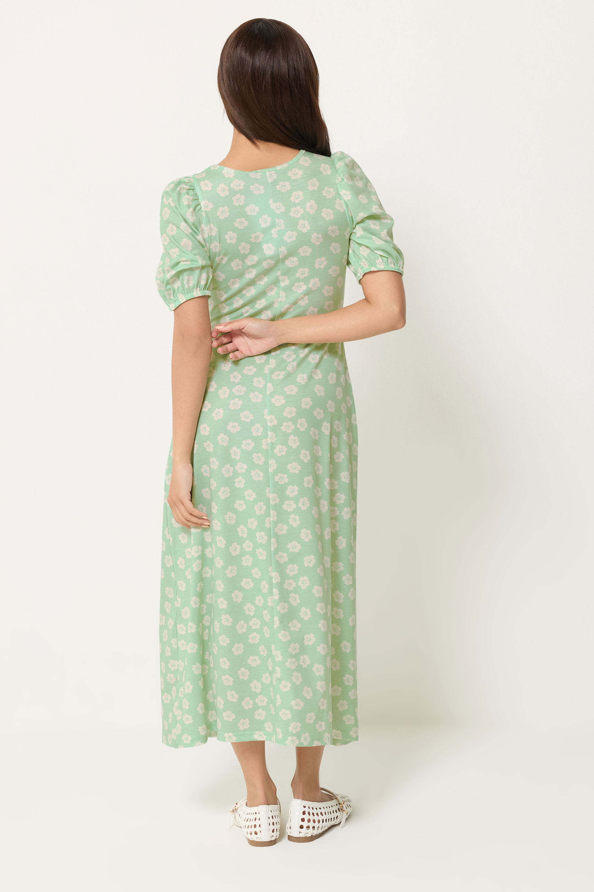 PixieGirl Petite Women's Sage Green Floral Ruched Midi Dress | PixieGirl 2