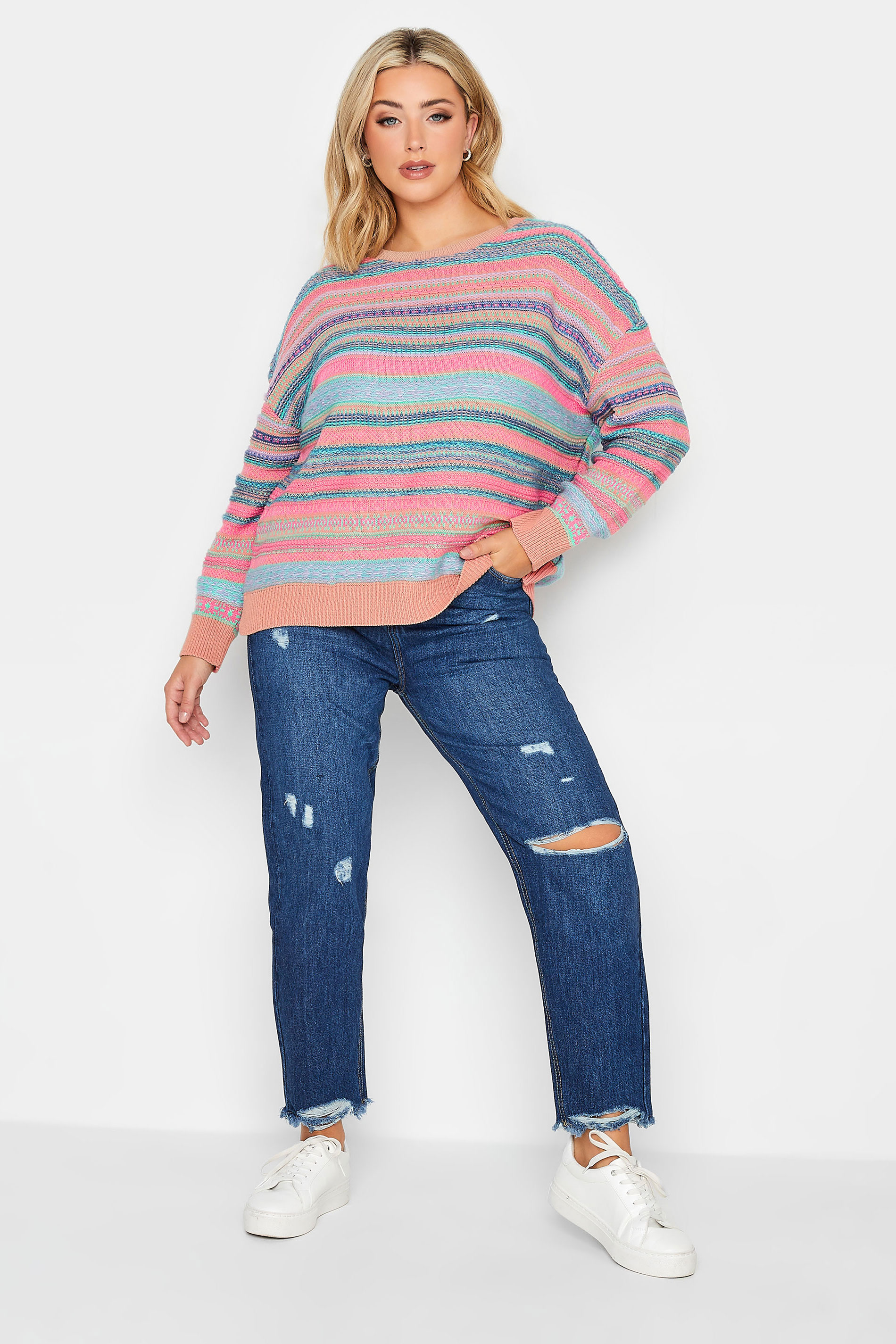 YOURS PETITE Plus Size Curve Pink & Blue Pastel Fairisle Long Sleeve Jumper | Yours Clothing  2