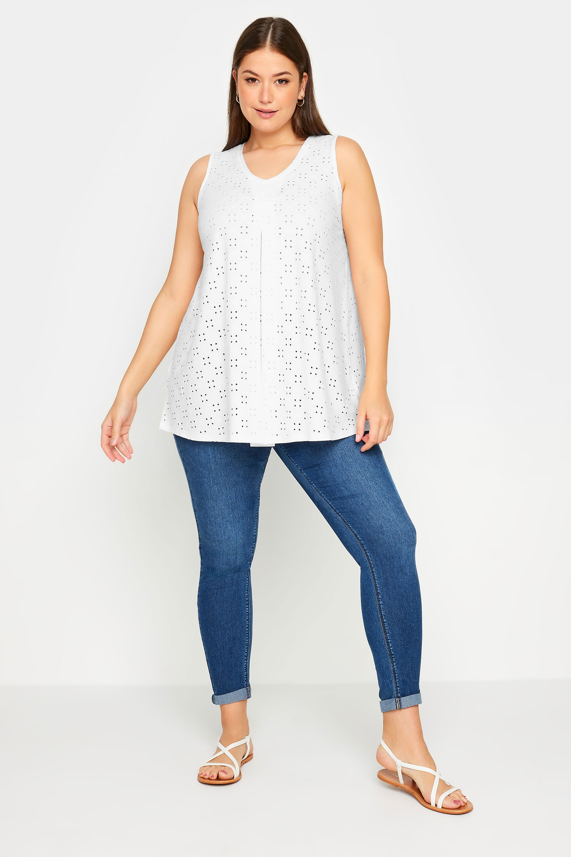 YOURS Plus Size White Broderie Anglaise Swing Vest Top | Yours Clothing 2