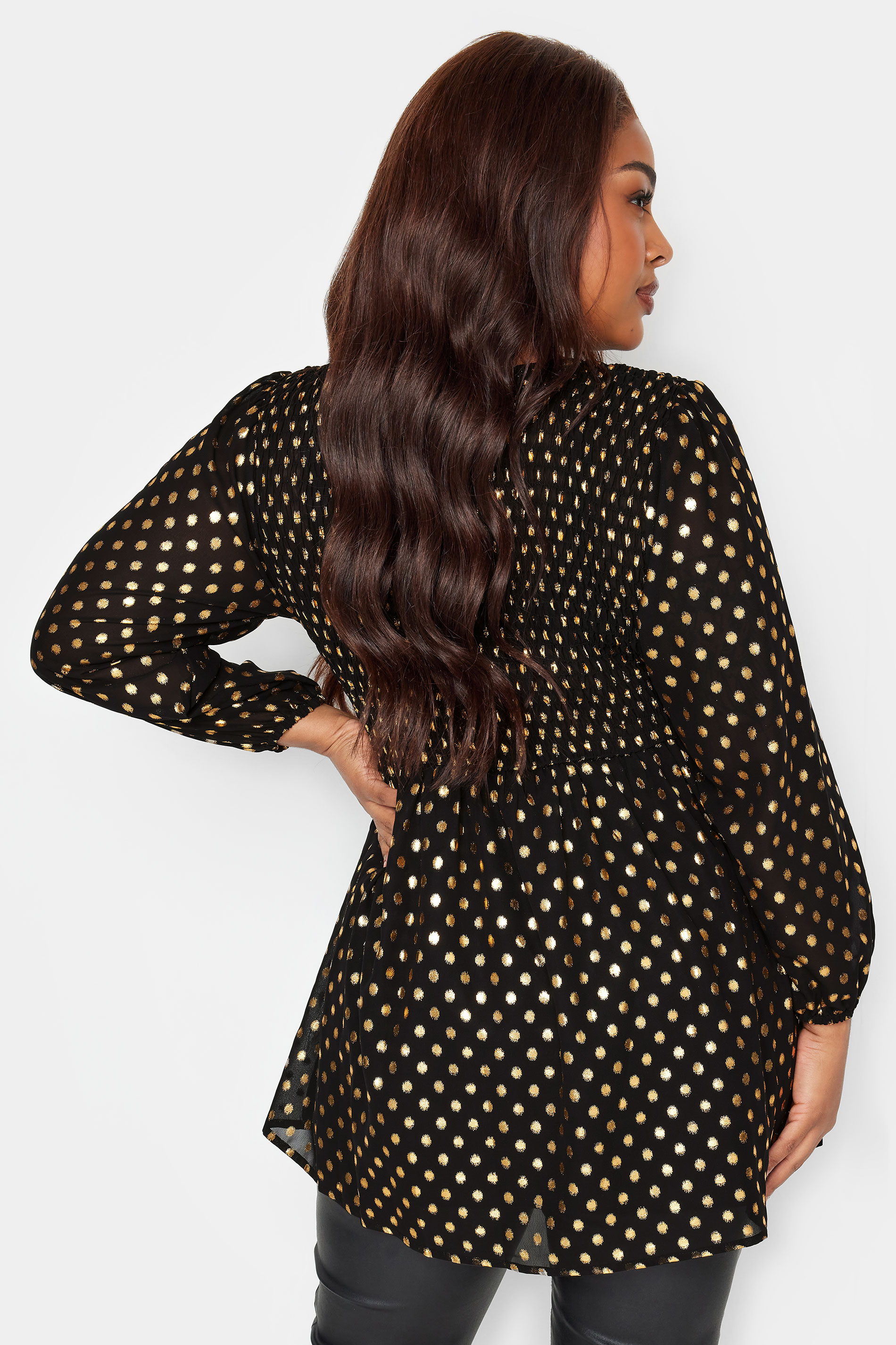 Plus Size Black & Gold Metallic Spot Print Shirred Peplum Top | Yours Clothing 3