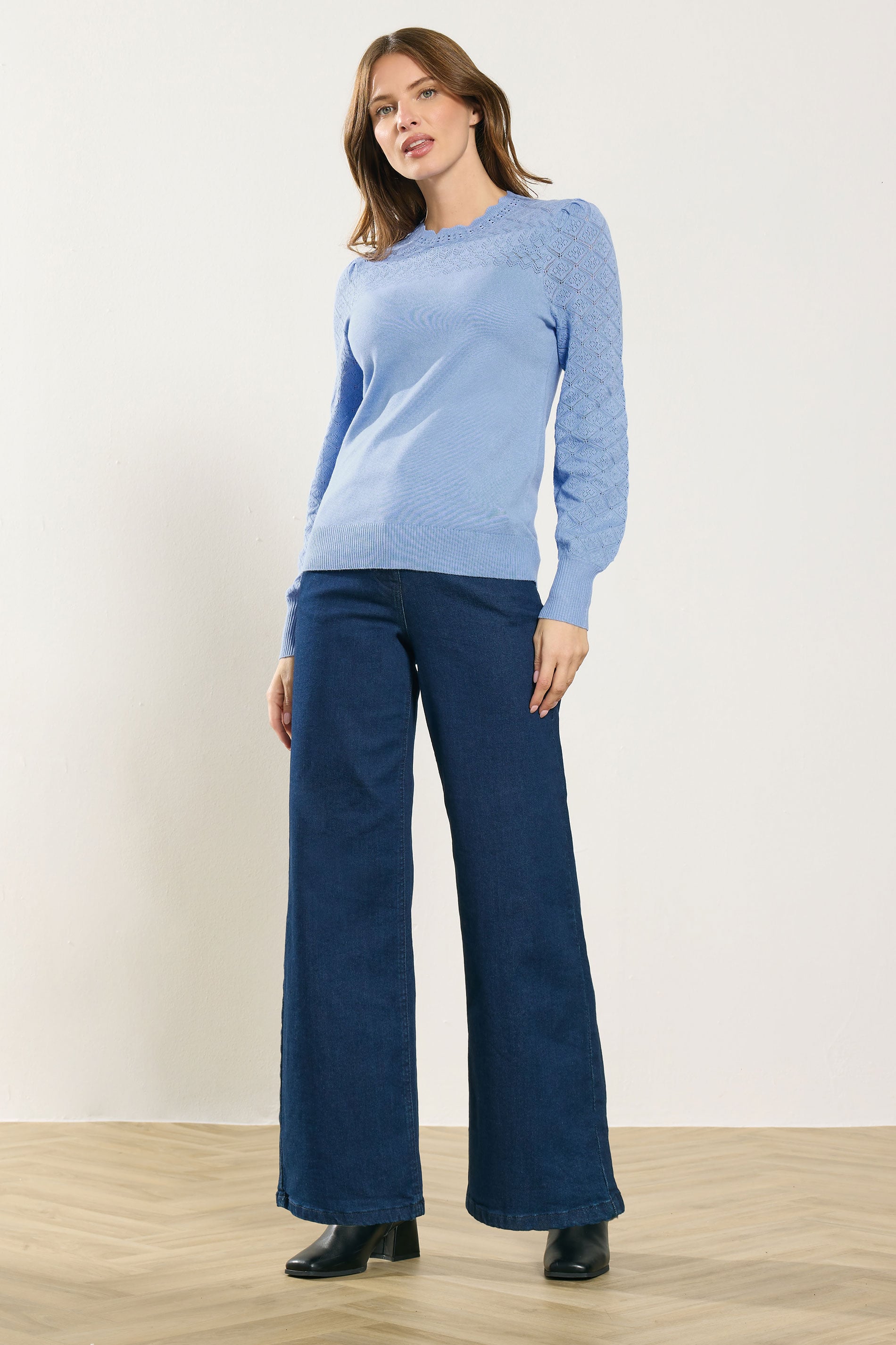 M&Co Blue Pointelle Sleeve Jumper | M&Co 1