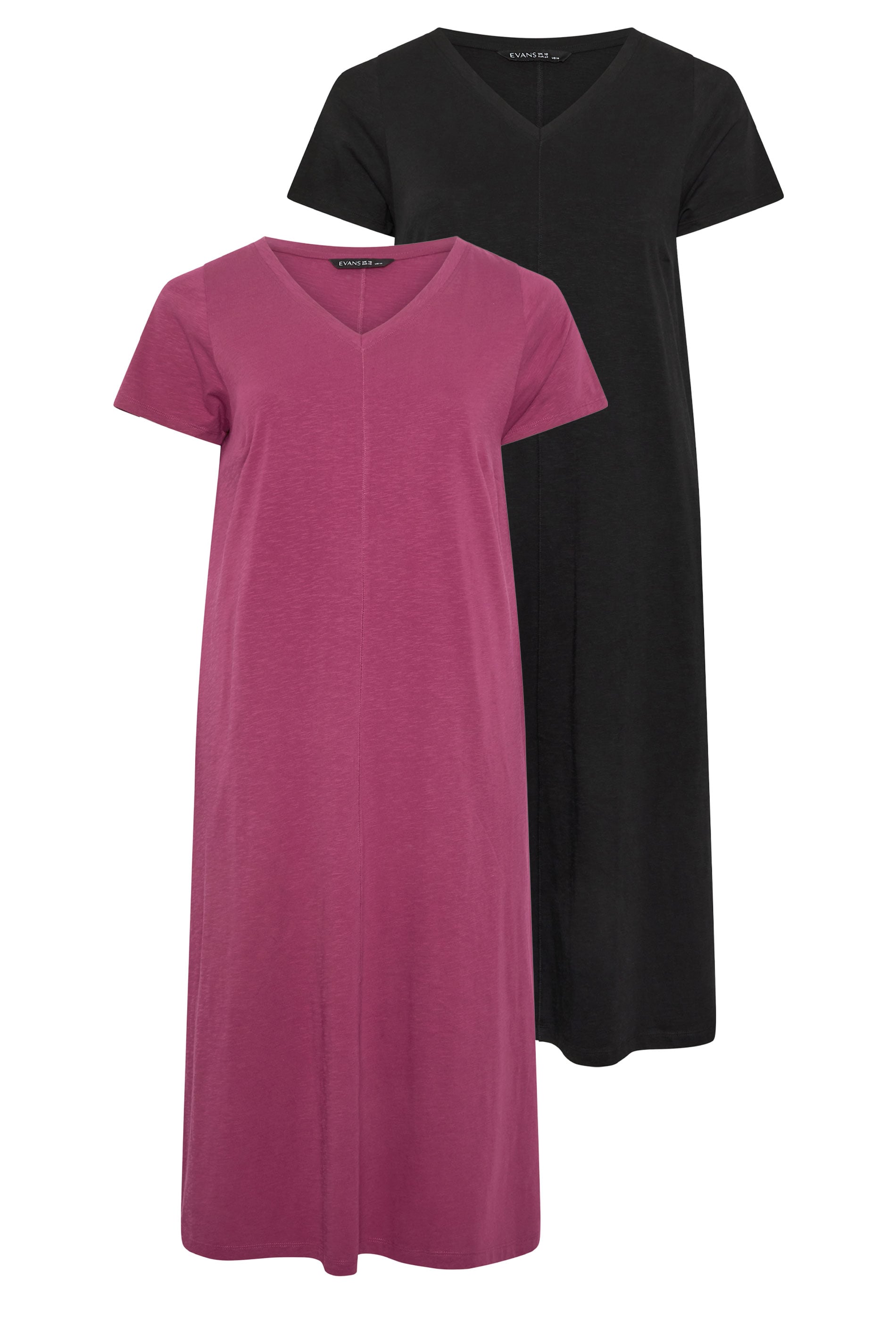 EVANS Plus Size 2 Pack Black & Berry Red Cotton Midi Dress 3