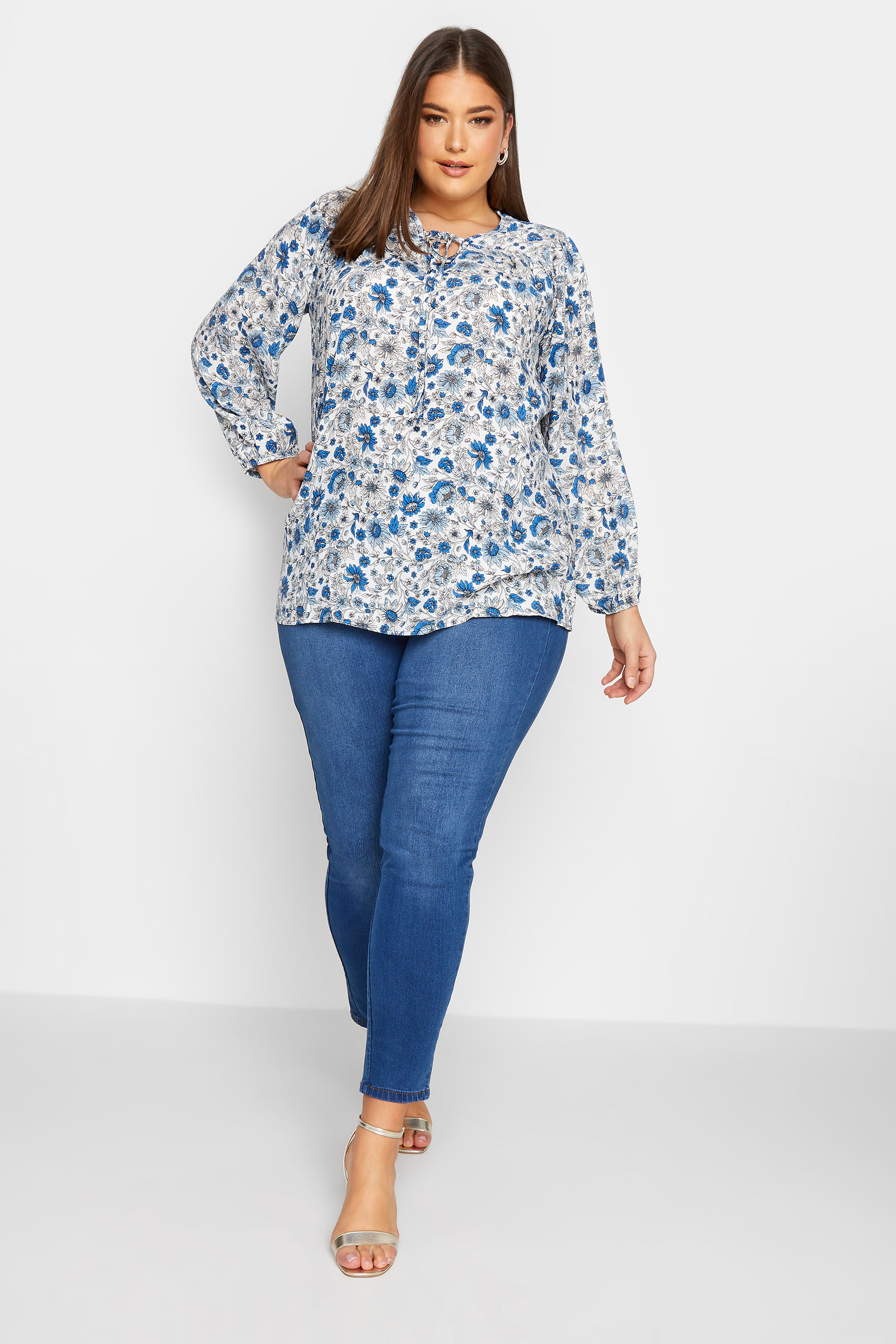 YOURS Plus Size Curve Blue Floral Long Sleeve Top | Yours Clothing  2