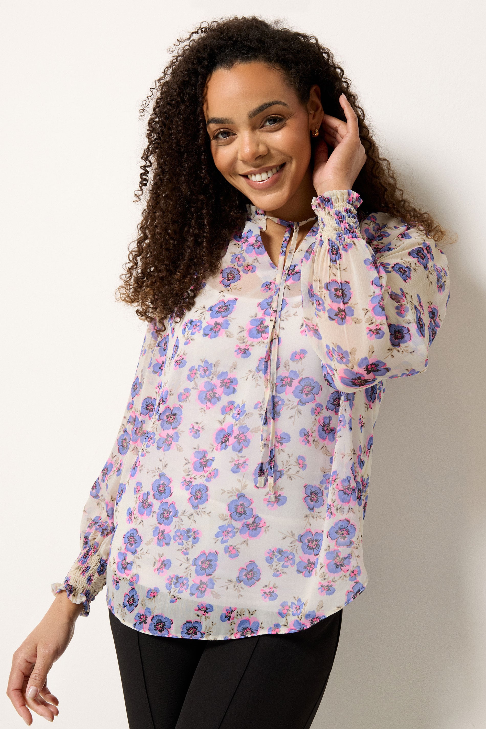M&Co Purple Floral Print Tie Neck Blouse | M&Co 3
