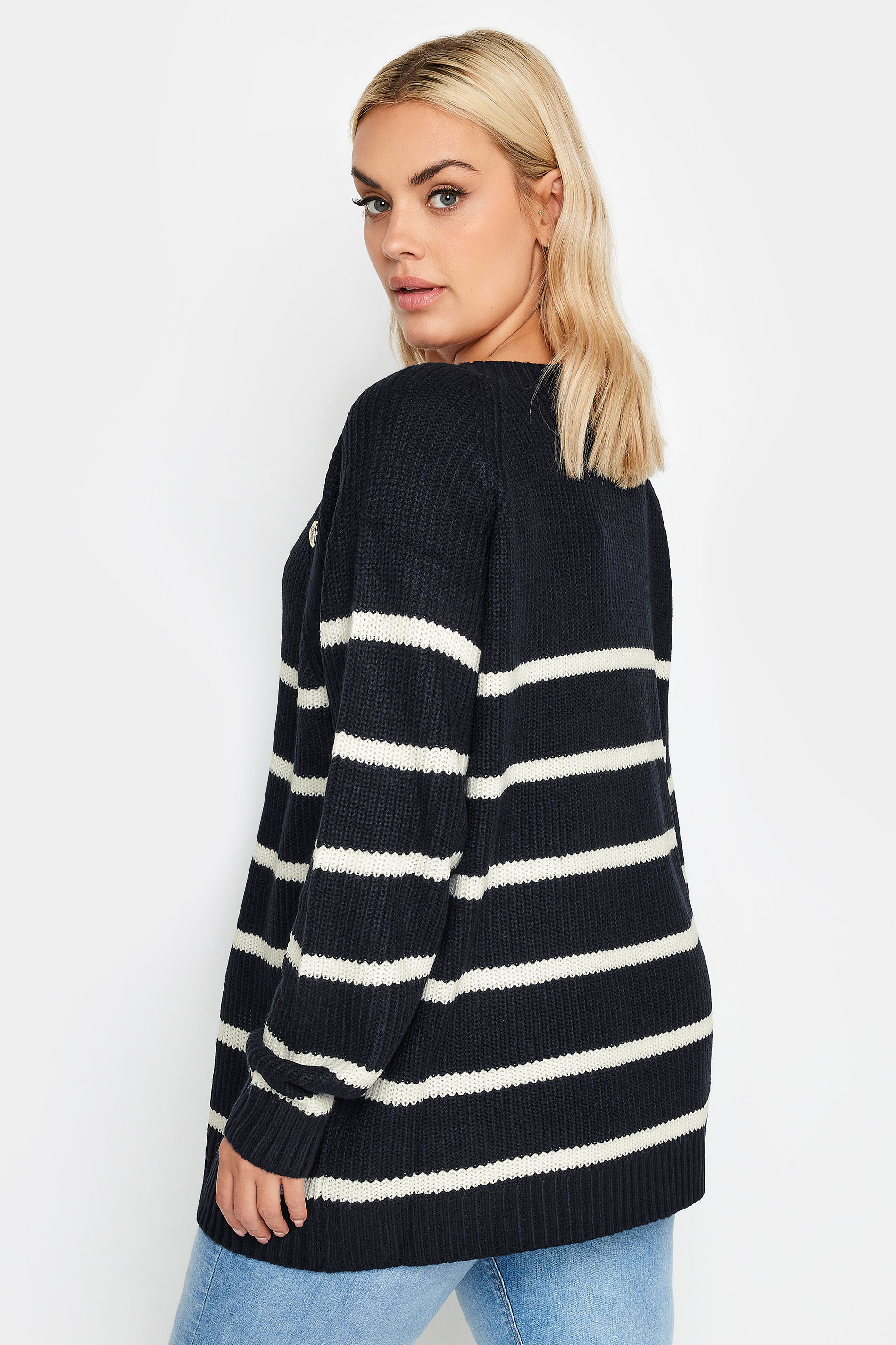 YOURS Plus Size Navy Blue Stripe Button Detail Jumper | Yours Clothing 3