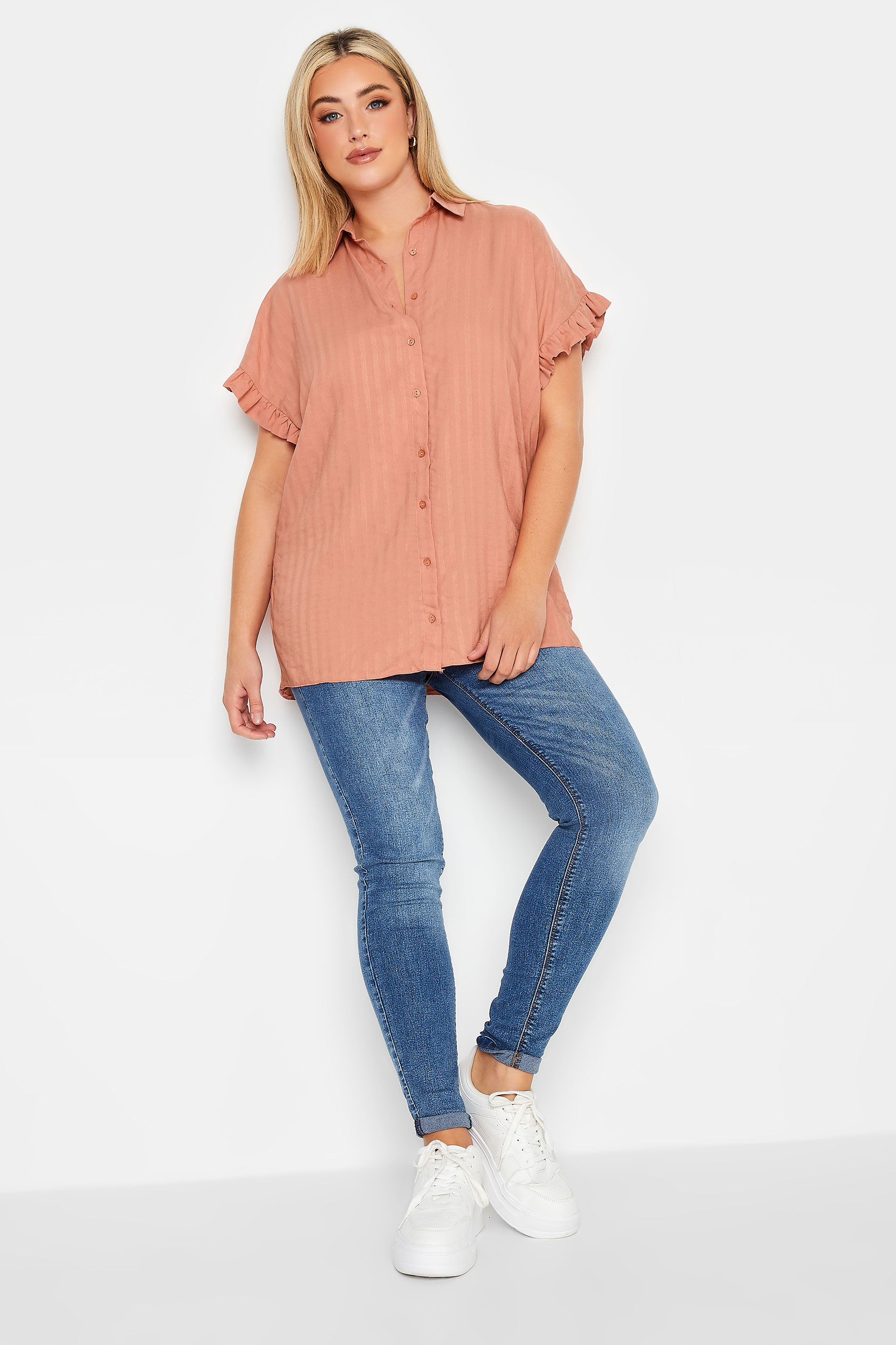 YOURS Plus Size Coral Orange Frill Sleeve Collared Shirt | Yours Clothing 2