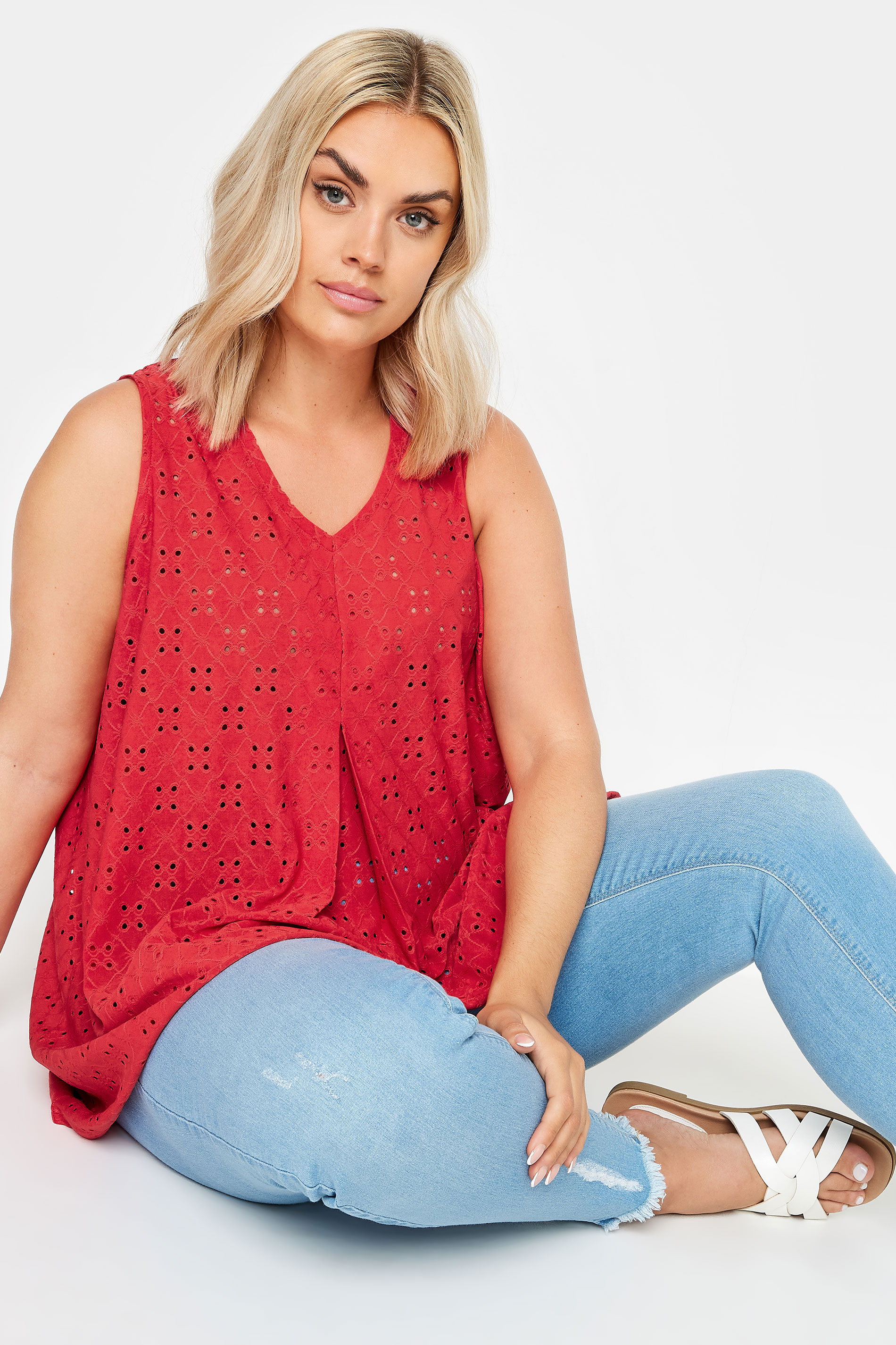 YOURS Plus Size Red Broderie Anglaise Swing Vest Top | Yours Clothing 3