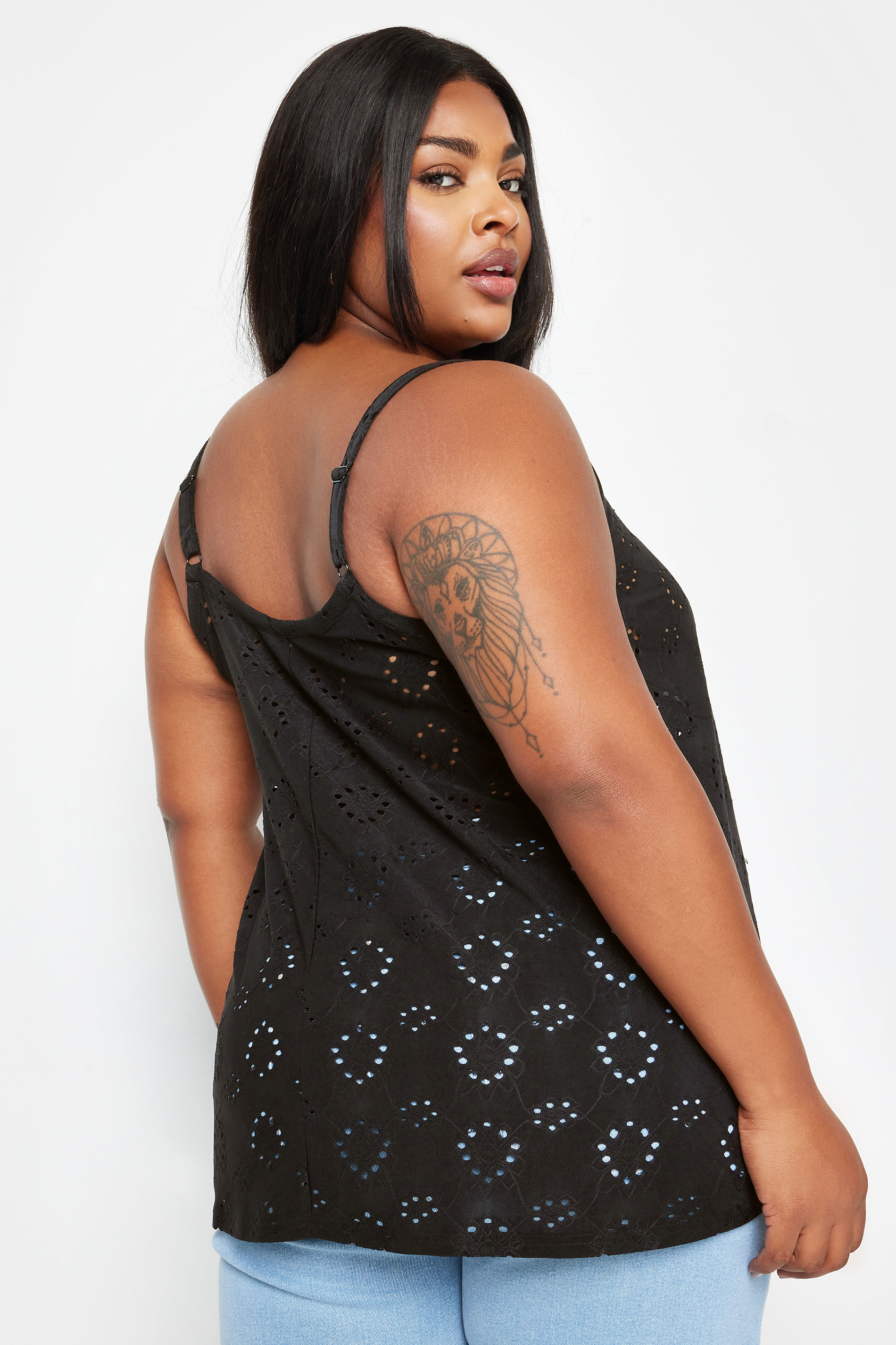 YOURS Plus Size Black Broderie Anglaise Swing Cami Top | Yours Clothing 3