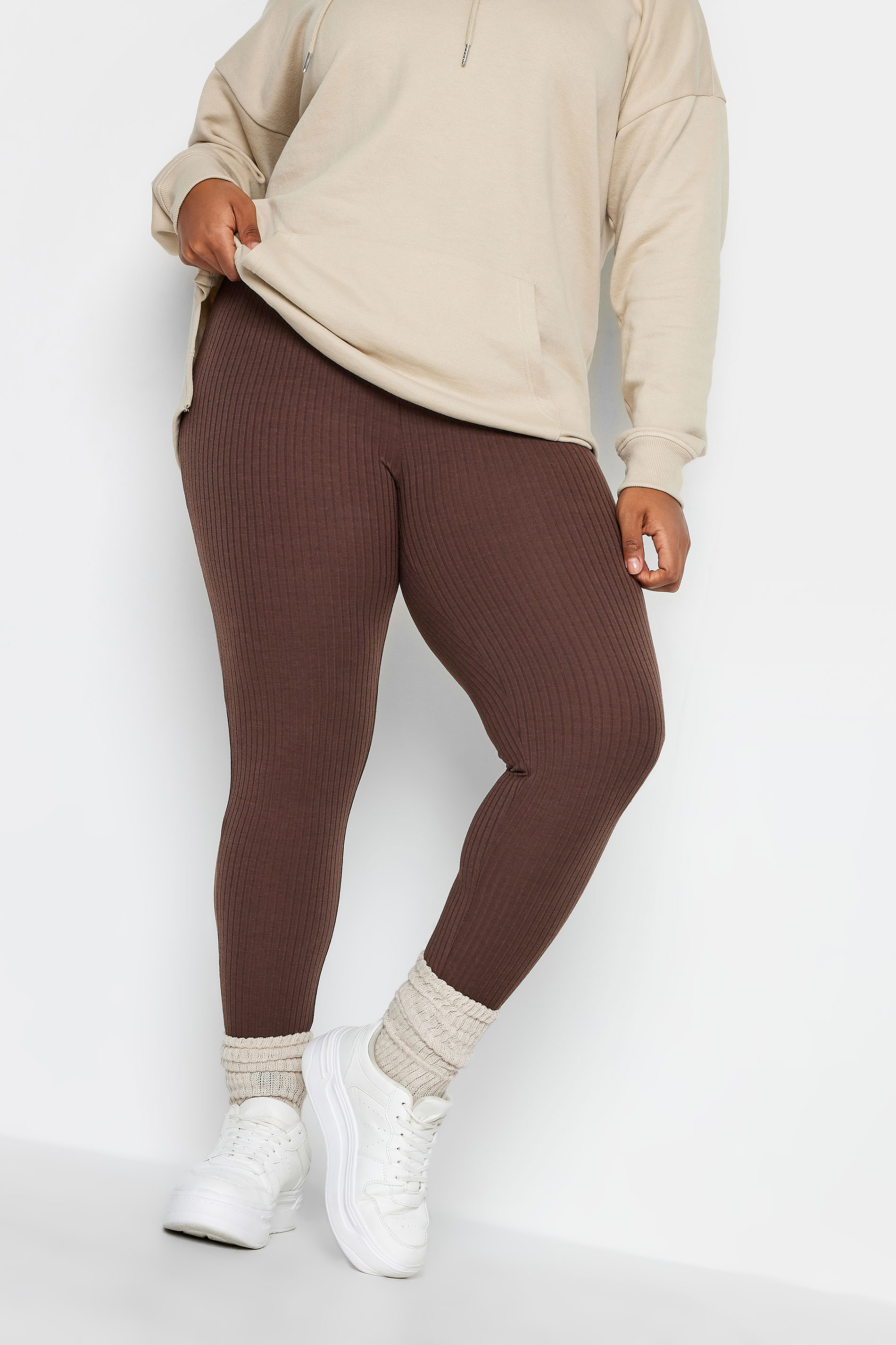 YOURS Plus Size Chocolate Brown Ribbed Leggings | Yours Clothing 1