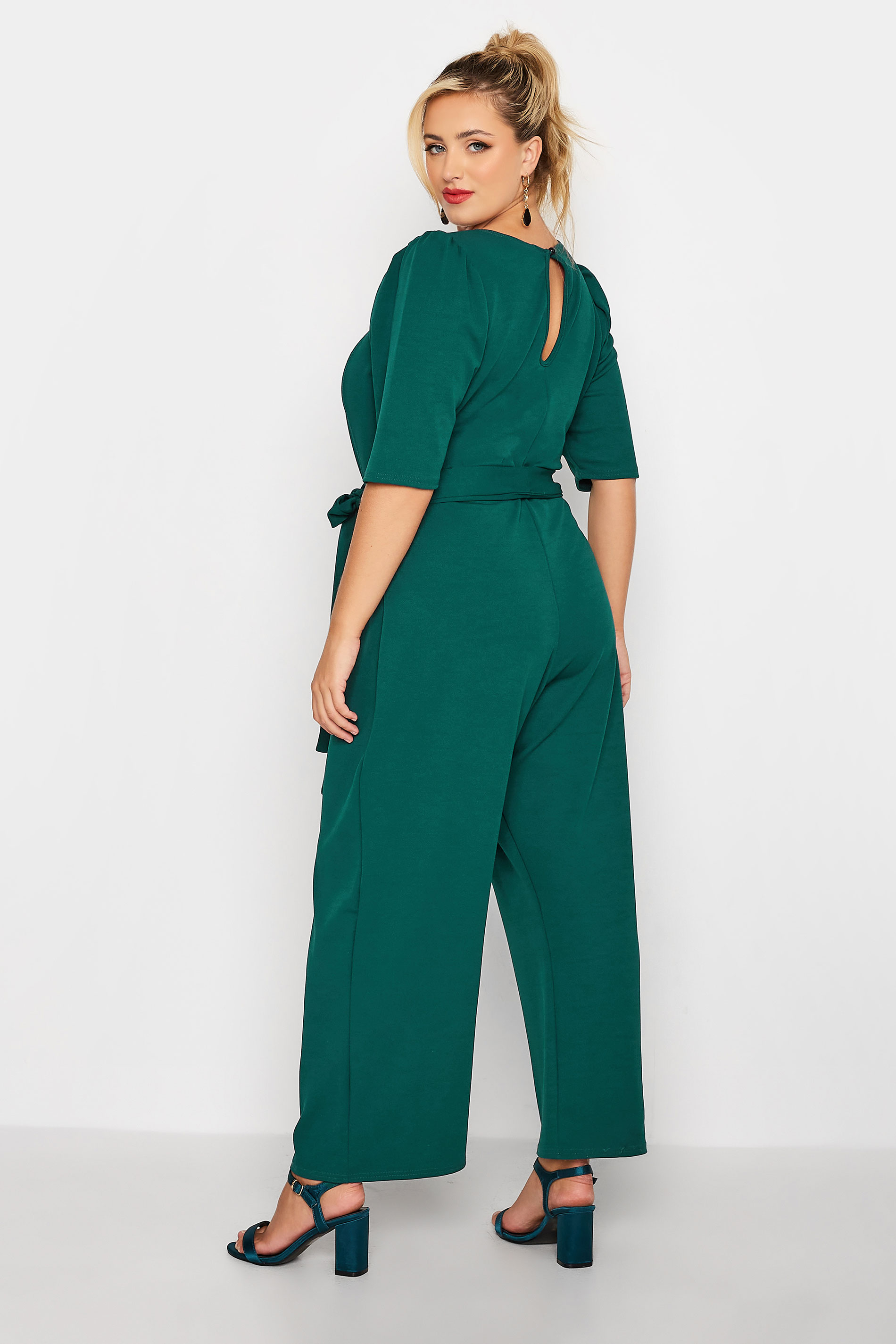 YOURS LONDON Plus Size Green Notch Neck Tie Waist Jumpsuit | Yours Clothing 3