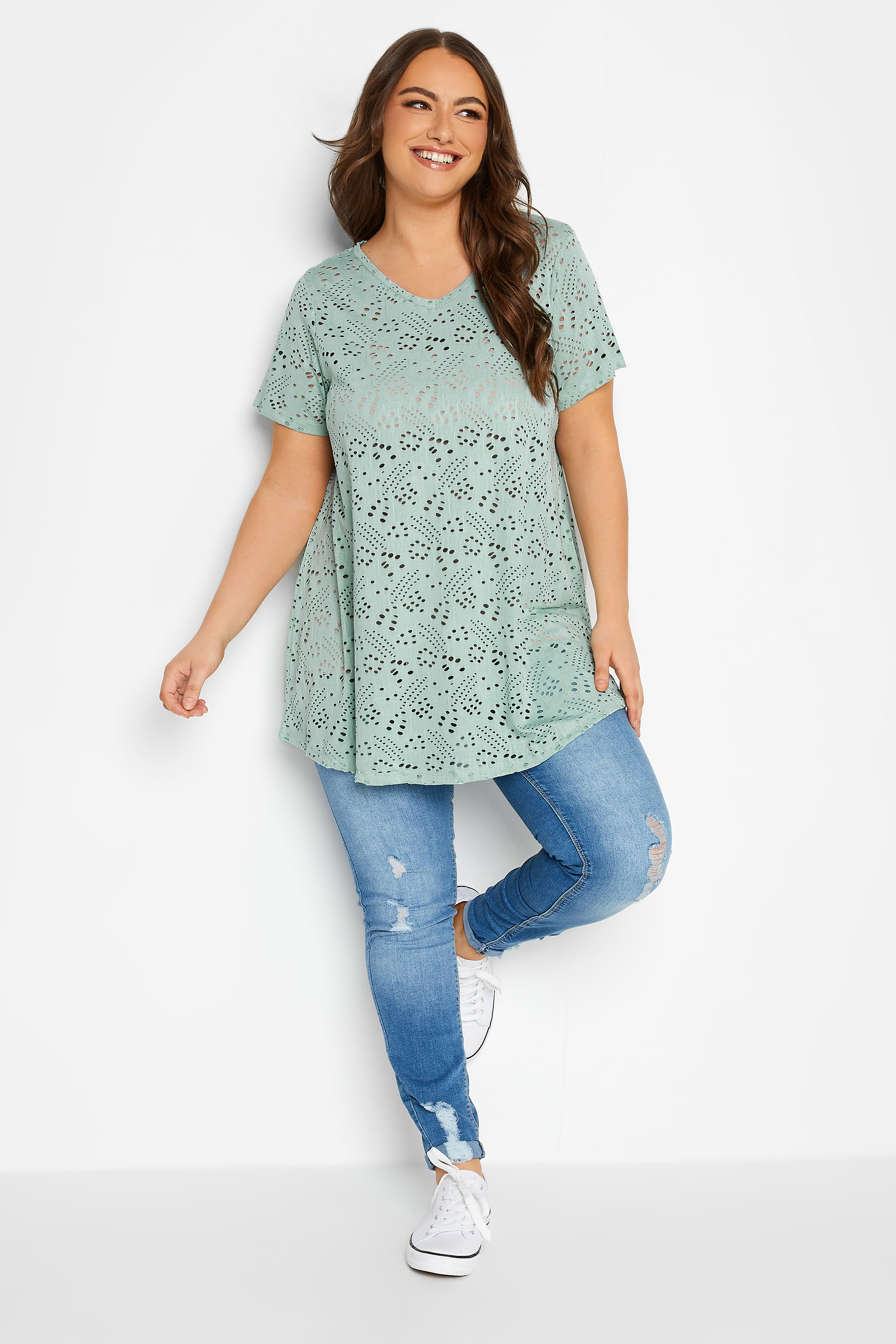 YOURS Curve Mint Green Plus Size Broderie Anglaise Swing T-Shirt | Yours Clothing 2